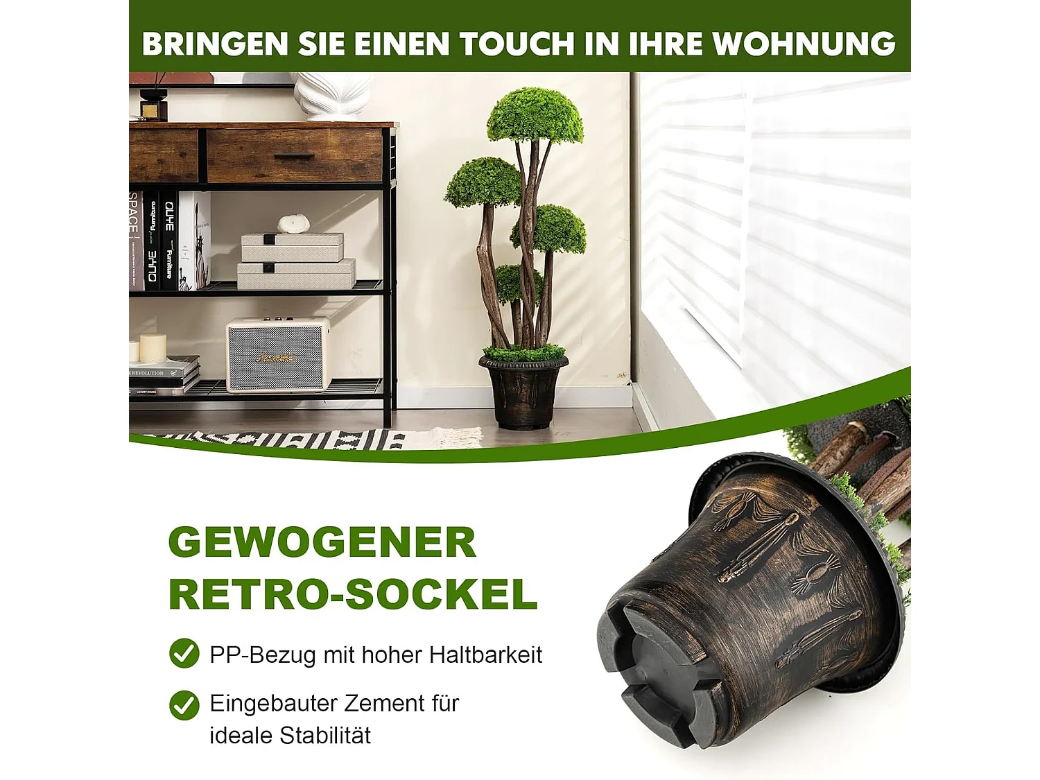 Kunstplant 90 cm, kunstgroene planten met 4 ballen & realistische stam, decoratieve kunstboom met pot, cypresplant voor entree thuiskantoor, groen