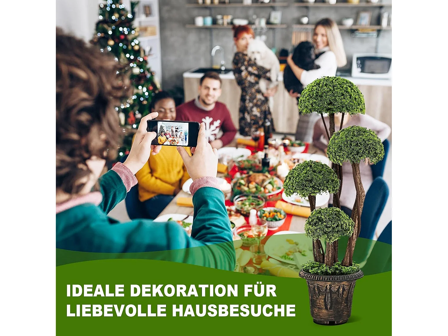 Kunstplant 90 cm, kunstgroene planten met 4 ballen & realistische stam, decoratieve kunstboom met pot, cypresplant voor entree thuiskantoor, groen