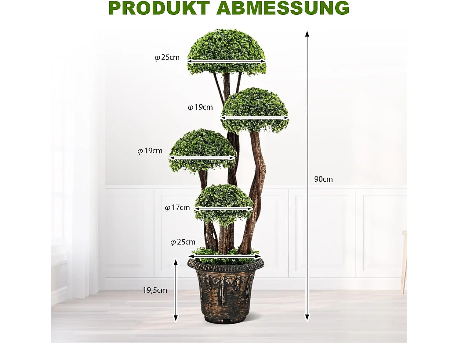 Kunstplant 90 cm, kunstgroene planten met 4 ballen & realistische stam, decoratieve kunstboom met pot, cypresplant voor entree thuiskantoor, groen