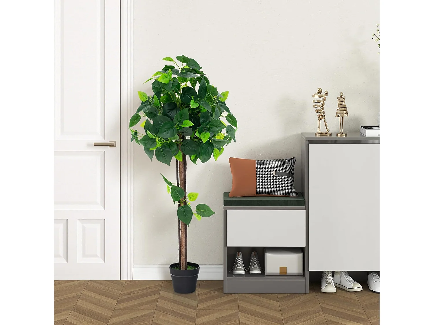 Kunstplant 114 cm, kunstmatige plant, hortensiaboom, groene planten met realistische bladeren en houten stam,decoratieve plant, kamerplant voor thuis,groen