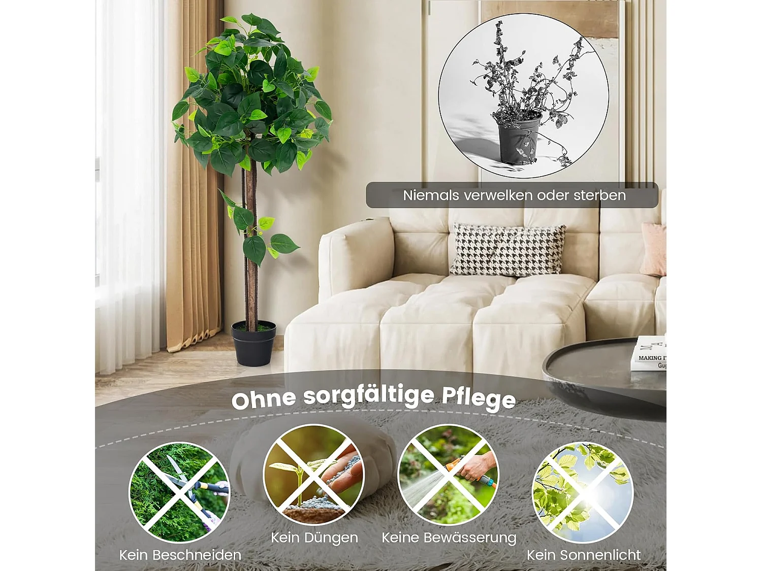 Kunstplant 114 cm, kunstmatige plant, hortensiaboom, groene planten met realistische bladeren en houten stam,decoratieve plant, kamerplant voor thuis,groen