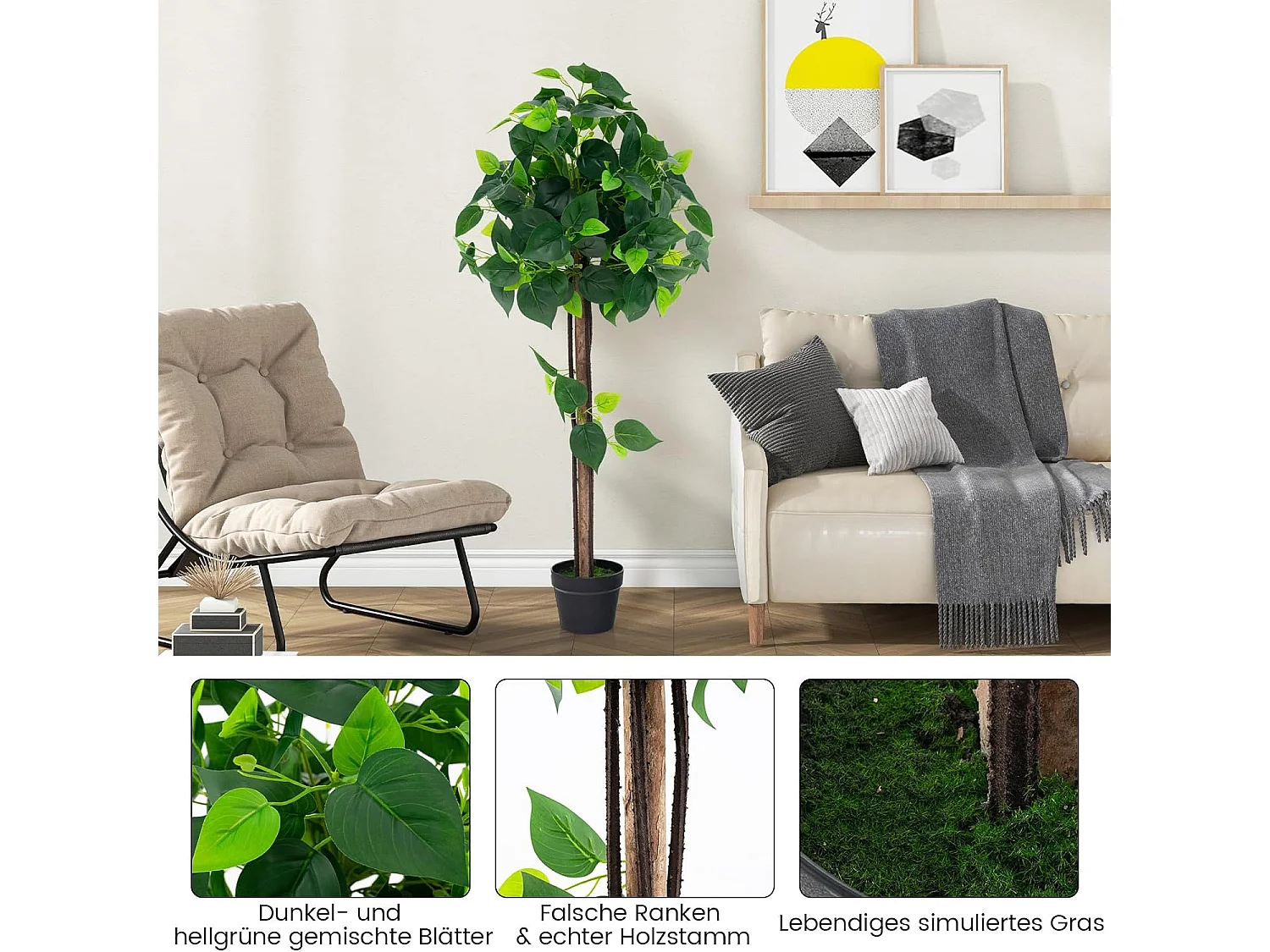 Kunstplant 114 cm, kunstmatige plant, hortensiaboom, groene planten met realistische bladeren en houten stam,decoratieve plant, kamerplant voor thuis,groen
