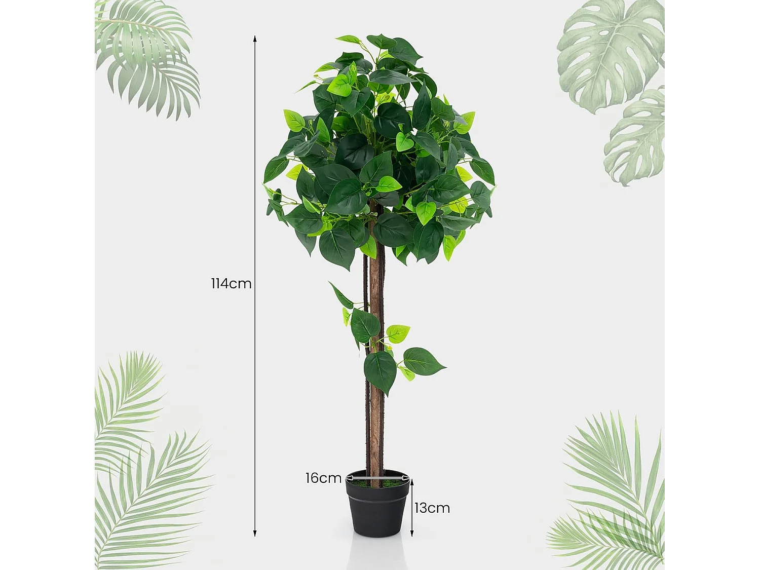 Kunstplant 114 cm, kunstmatige plant, hortensiaboom, groene planten met realistische bladeren en houten stam,decoratieve plant, kamerplant voor thuis,groen