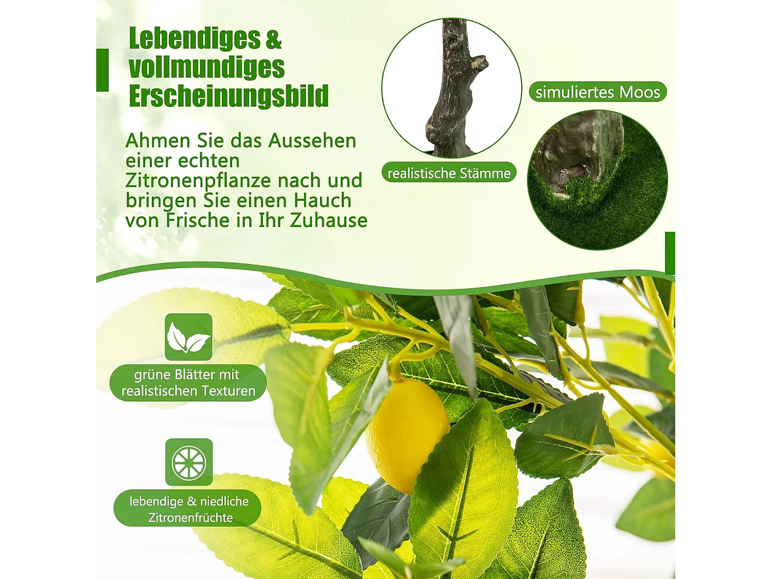 Kunstmatige citroenboom, limonenboom met pot en 27 citroenen, kunstplant met vruchten, citrusplant, potplant, kamerplant,kantoor, decoratie, groen + geel (160 cm)