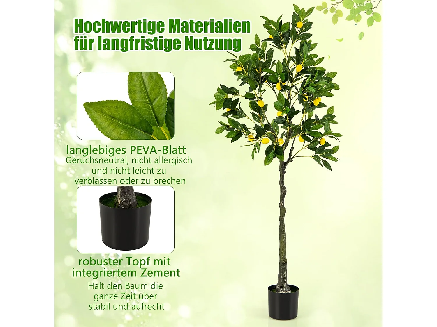 Kunstmatige citroenboom, limonenboom met pot en 27 citroenen, kunstplant met vruchten, citrusplant, potplant, kamerplant,kantoor, decoratie, groen + geel (160 cm)