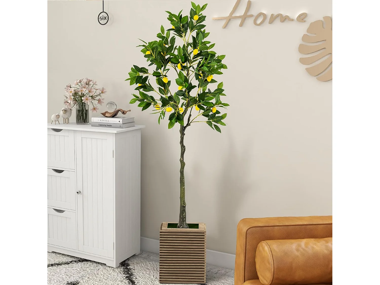 Kunstmatige citroenboom, limonenboom met pot en 27 citroenen, kunstplant met vruchten, citrusplant, potplant, kamerplant,kantoor, decoratie, groen + geel (160 cm)