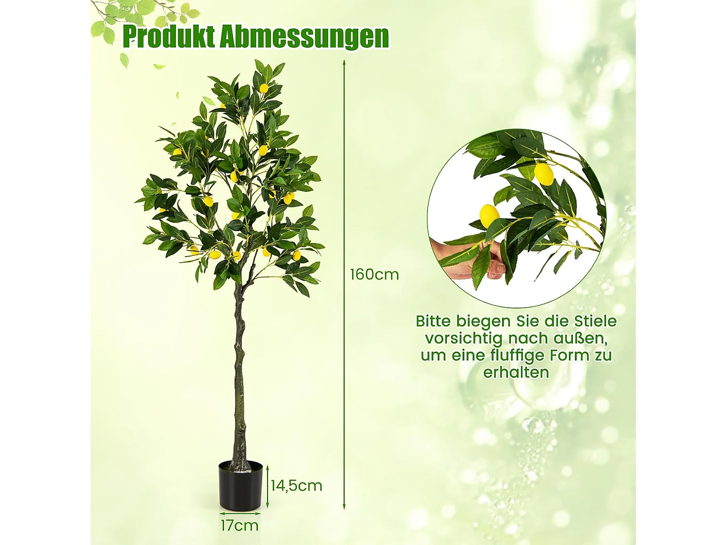 Kunstmatige citroenboom, limonenboom met pot en 27 citroenen, kunstplant met vruchten, citrusplant, potplant, kamerplant,kantoor, decoratie, groen + geel (160 cm)