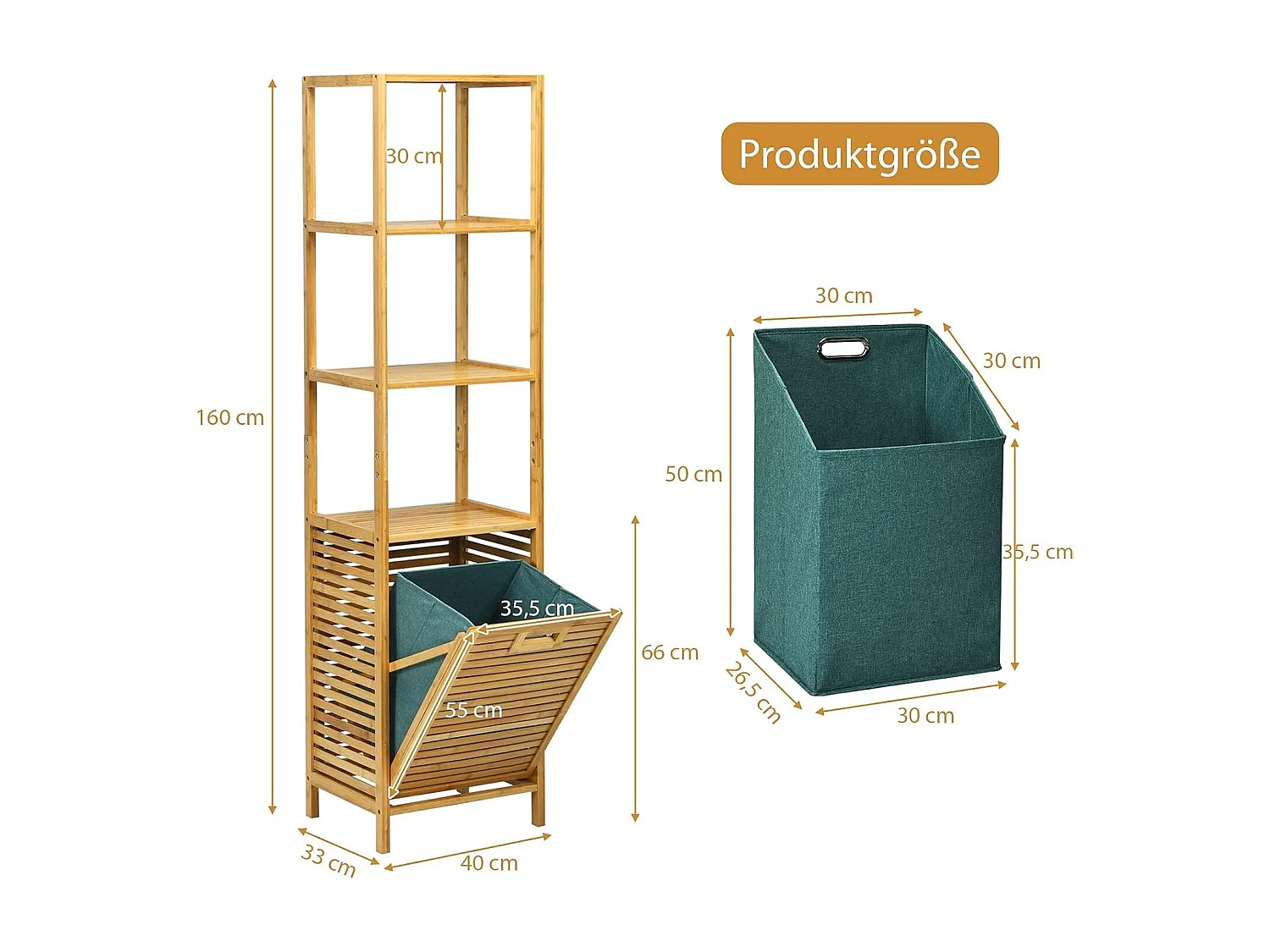 Badkamer kantelbare wasmand,bamboe toren wasmand met 3 niveaus opbergplanken, verwijderbare Oxford voering, handig handvat,slaapkamer, wasruimte TI88088