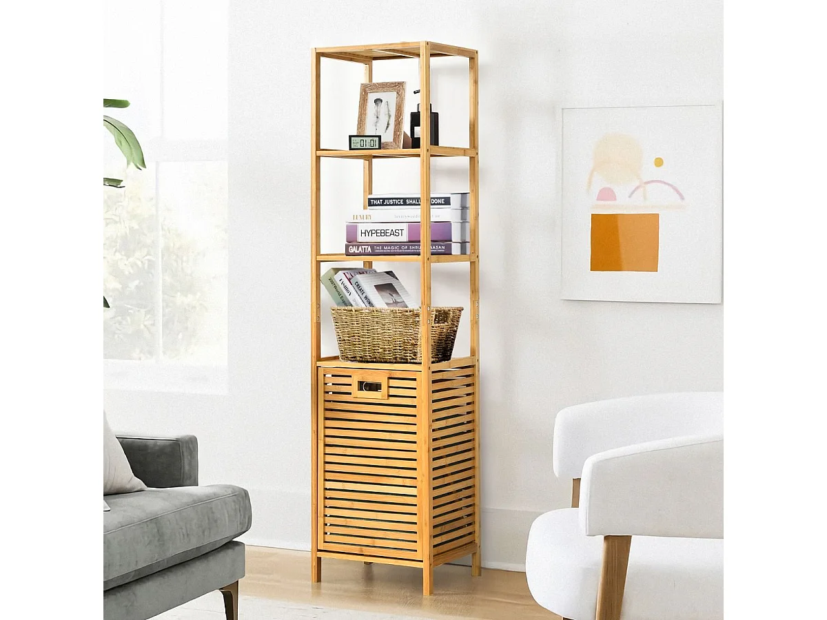 Badkamer kantelbare wasmand,bamboe toren wasmand met 3 niveaus opbergplanken, verwijderbare Oxford voering, handig handvat,slaapkamer, wasruimte TI88088