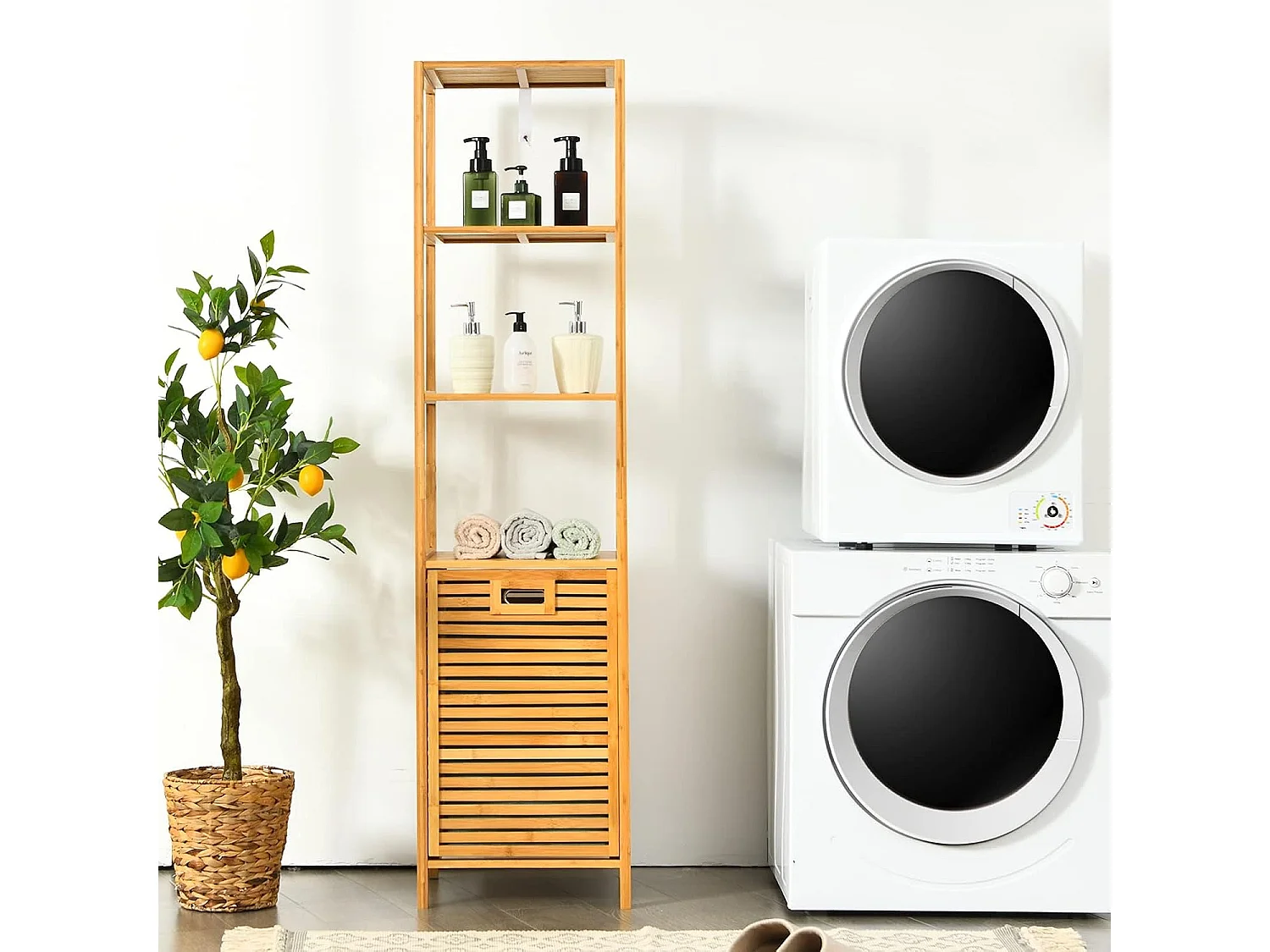 Badkamer kantelbare wasmand,bamboe toren wasmand met 3 niveaus opbergplanken, verwijderbare Oxford voering, handig handvat,slaapkamer, wasruimte TI88088