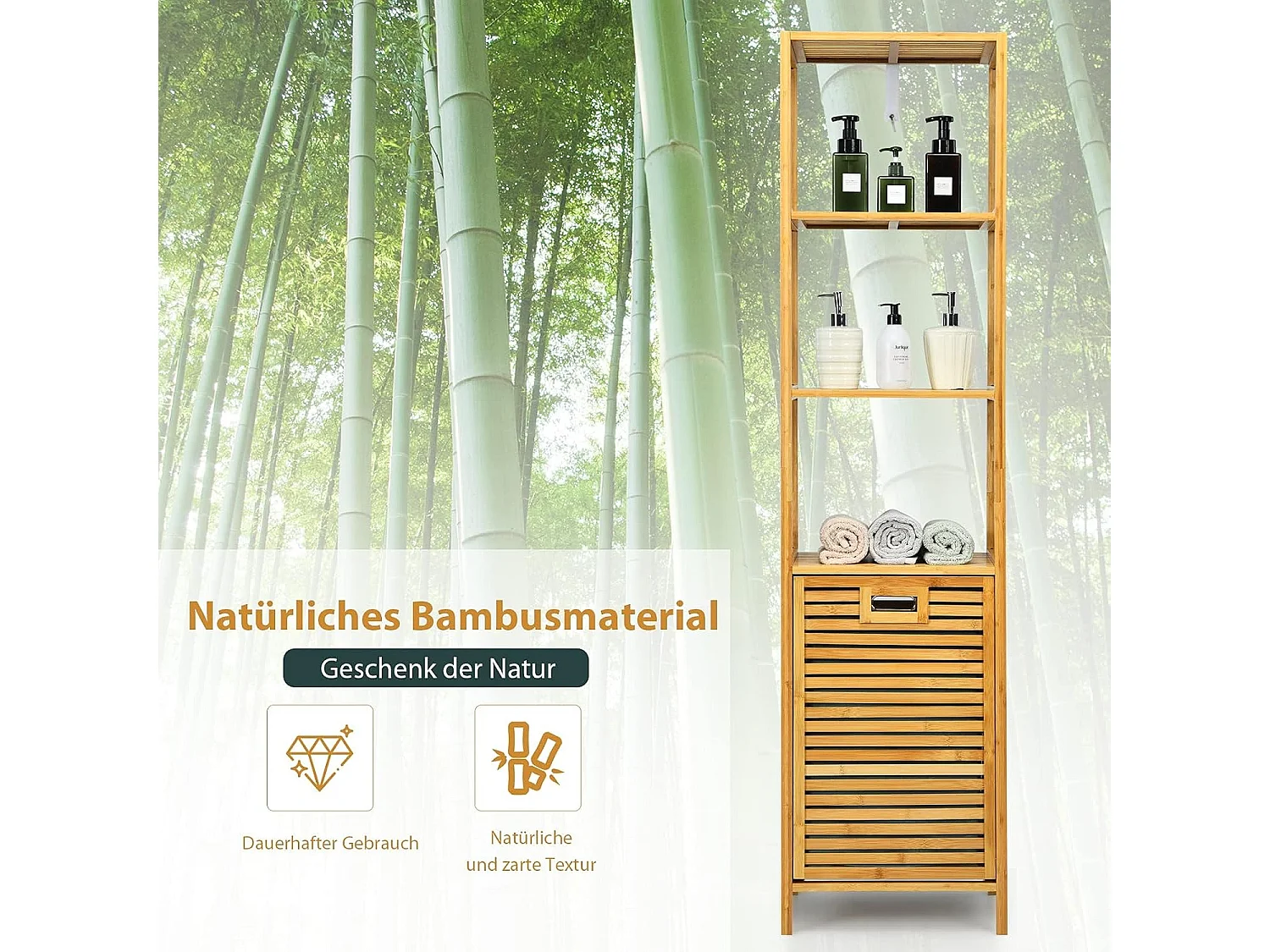 Badkamer kantelbare wasmand,bamboe toren wasmand met 3 niveaus opbergplanken, verwijderbare Oxford voering, handig handvat,slaapkamer, wasruimte TI88088