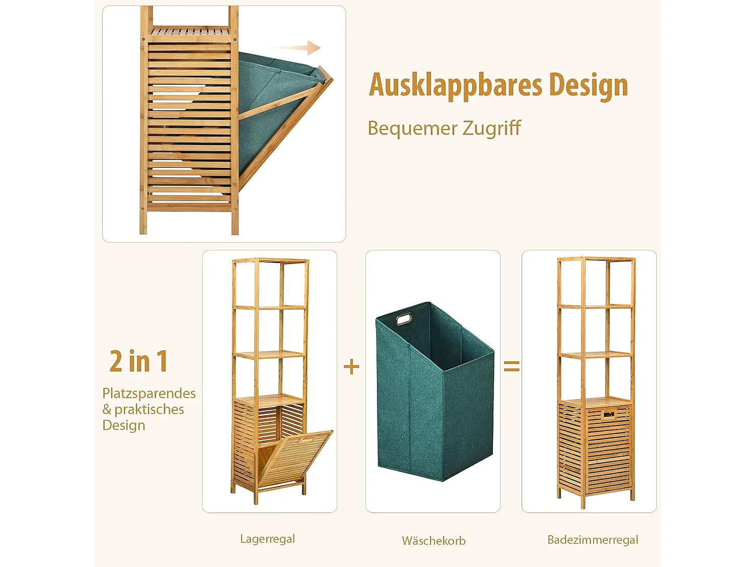 Badkamer kantelbare wasmand,bamboe toren wasmand met 3 niveaus opbergplanken, verwijderbare Oxford voering, handig handvat,slaapkamer, wasruimte TI88088