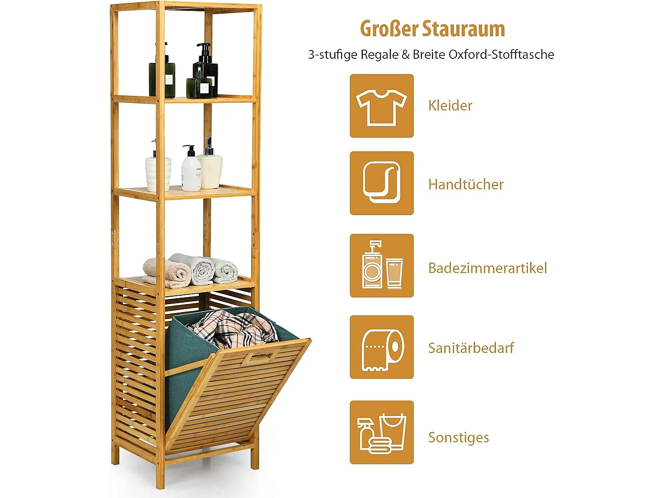 Badkamer kantelbare wasmand,bamboe toren wasmand met 3 niveaus opbergplanken, verwijderbare Oxford voering, handig handvat,slaapkamer, wasruimte TI88088