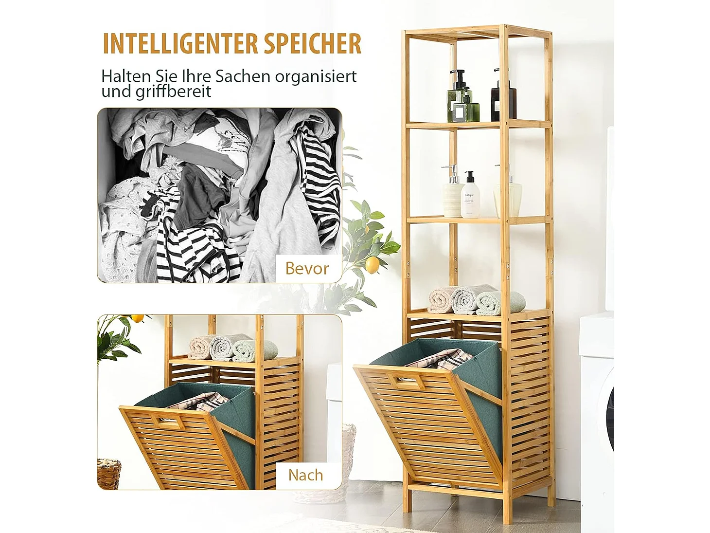 Badkamer kantelbare wasmand,bamboe toren wasmand met 3 niveaus opbergplanken, verwijderbare Oxford voering, handig handvat,slaapkamer, wasruimte TI88088