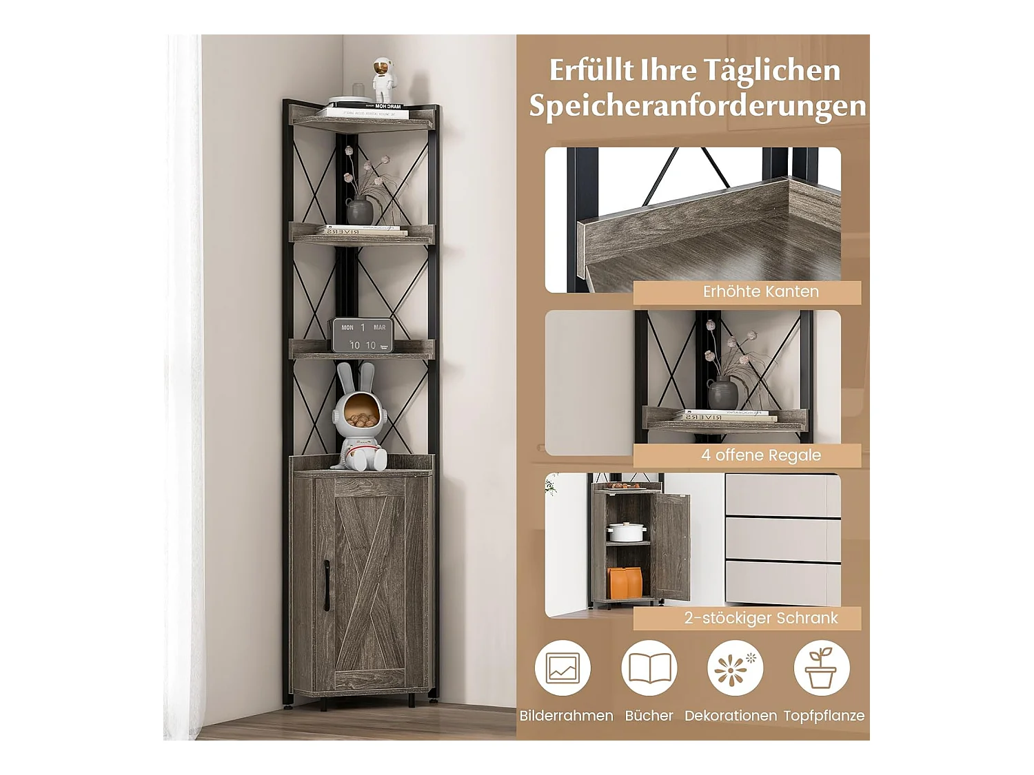 Boekenkast, 6 verdiepingen, industrieel rek, hoge kast, smal met 4 planken en verstelbare planken, keukenkast,ruimtebesparend, 48 x 32 x 180 cm (grijs)VL32325