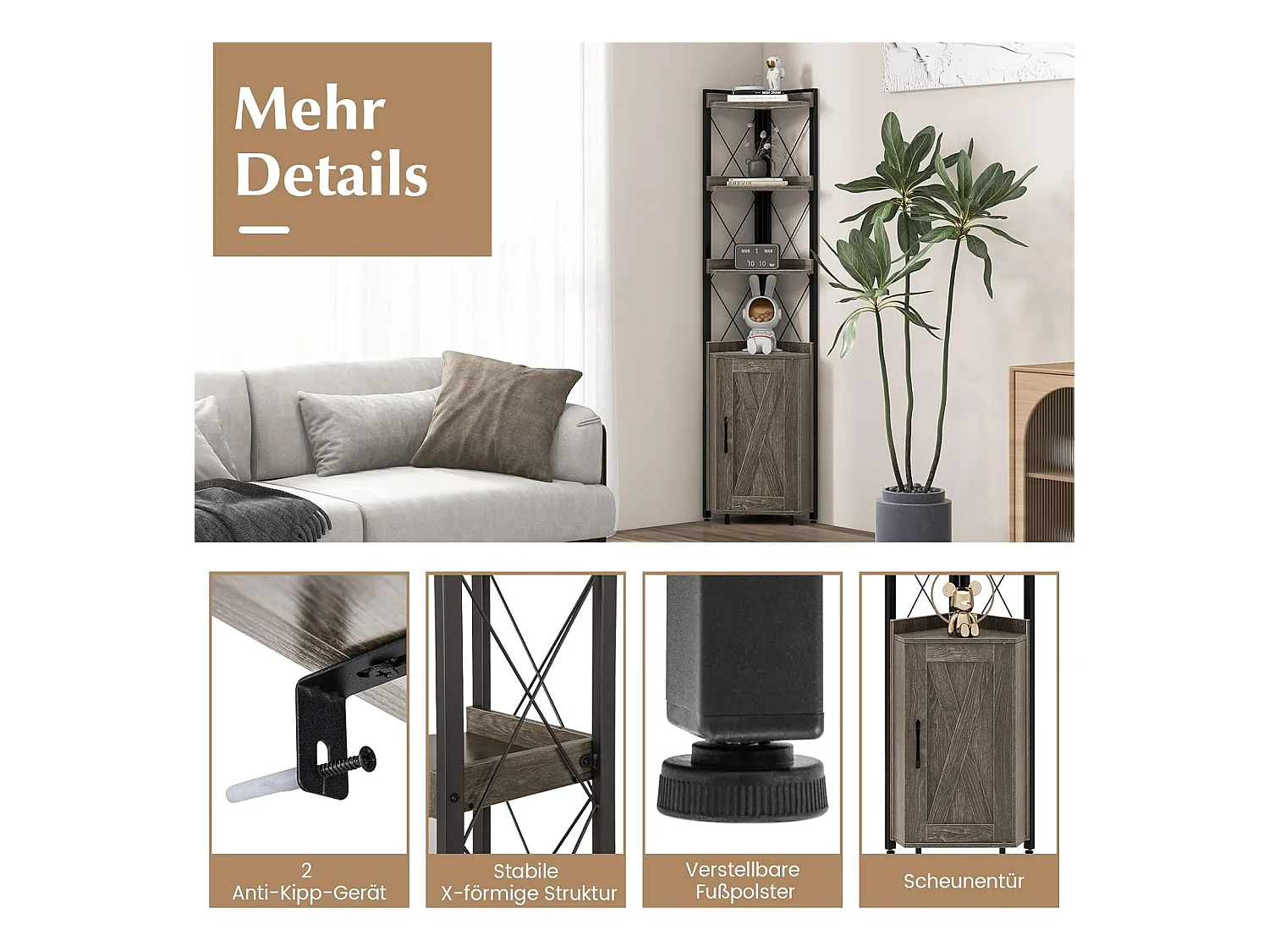 Boekenkast, 6 verdiepingen, industrieel rek, hoge kast, smal met 4 planken en verstelbare planken, keukenkast,ruimtebesparend, 48 x 32 x 180 cm (grijs)VL32325