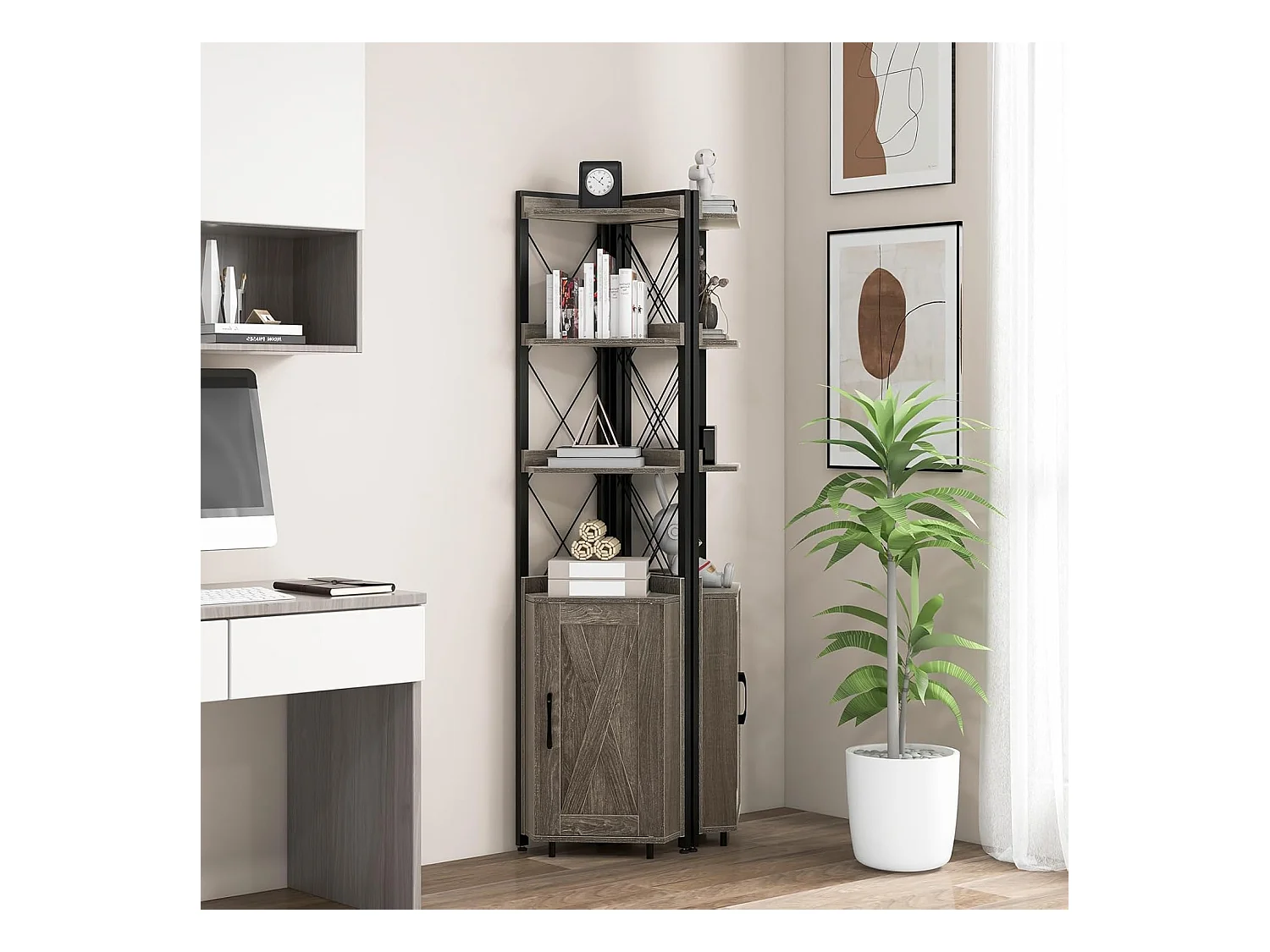 Boekenkast, 6 verdiepingen, industrieel rek, hoge kast, smal met 4 planken en verstelbare planken, keukenkast,ruimtebesparend, 48 x 32 x 180 cm (grijs)VL32325