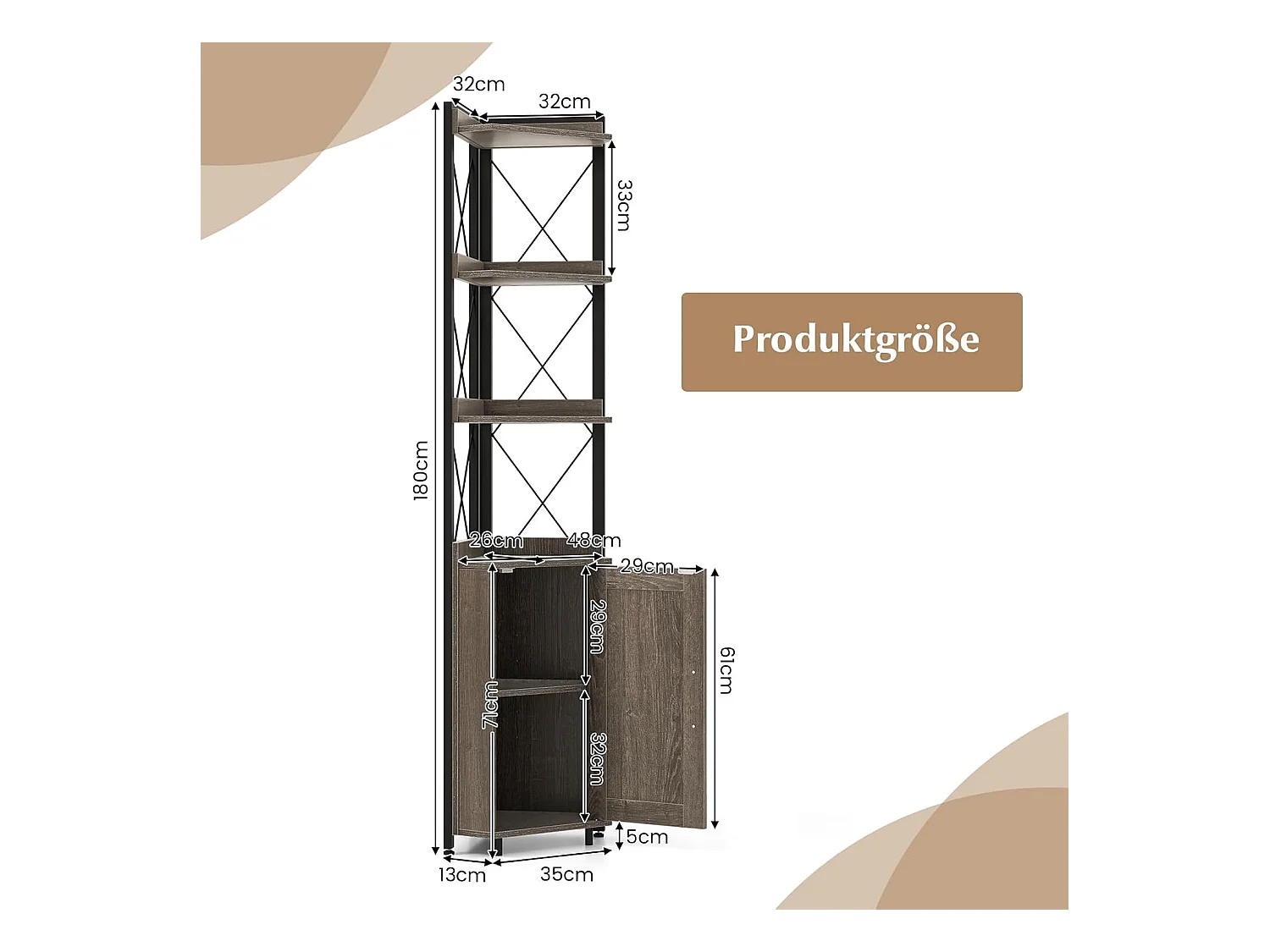 Boekenkast, 6 verdiepingen, industrieel rek, hoge kast, smal met 4 planken en verstelbare planken, keukenkast,ruimtebesparend, 48 x 32 x 180 cm (grijs)VL32325