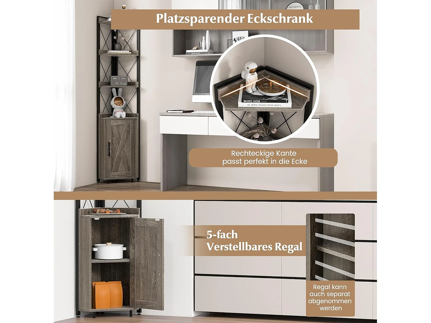 Boekenkast, 6 verdiepingen, industrieel rek, hoge kast, smal met 4 planken en verstelbare planken, keukenkast,ruimtebesparend, 48 x 32 x 180 cm (grijs)VL32325