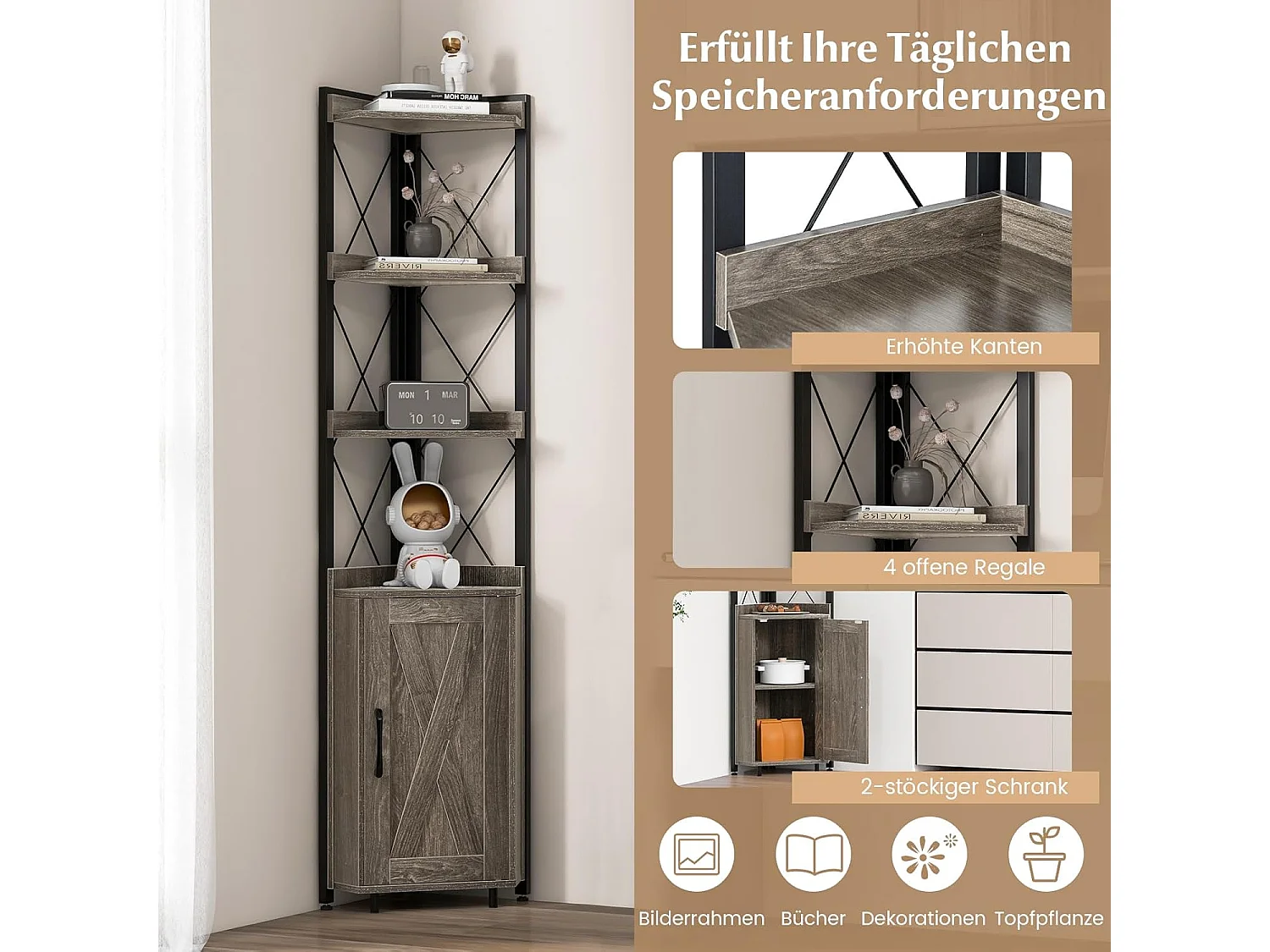 Boekenkast, 6 verdiepingen, industrieel rek, hoge kast, smal met 4 planken en verstelbare planken, keukenkast,ruimtebesparend, 48 x 32 x 180 cm (grijs)VL32325