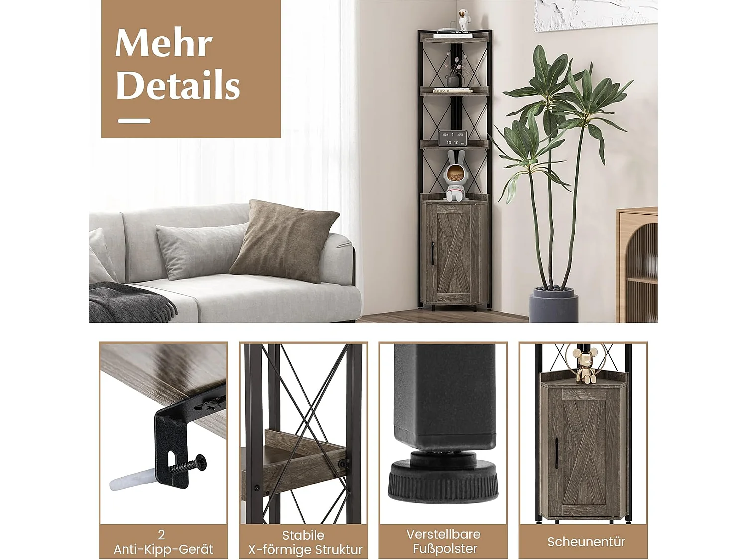 Boekenkast, 6 verdiepingen, industrieel rek, hoge kast, smal met 4 planken en verstelbare planken, keukenkast,ruimtebesparend, 48 x 32 x 180 cm (grijs)VL32325