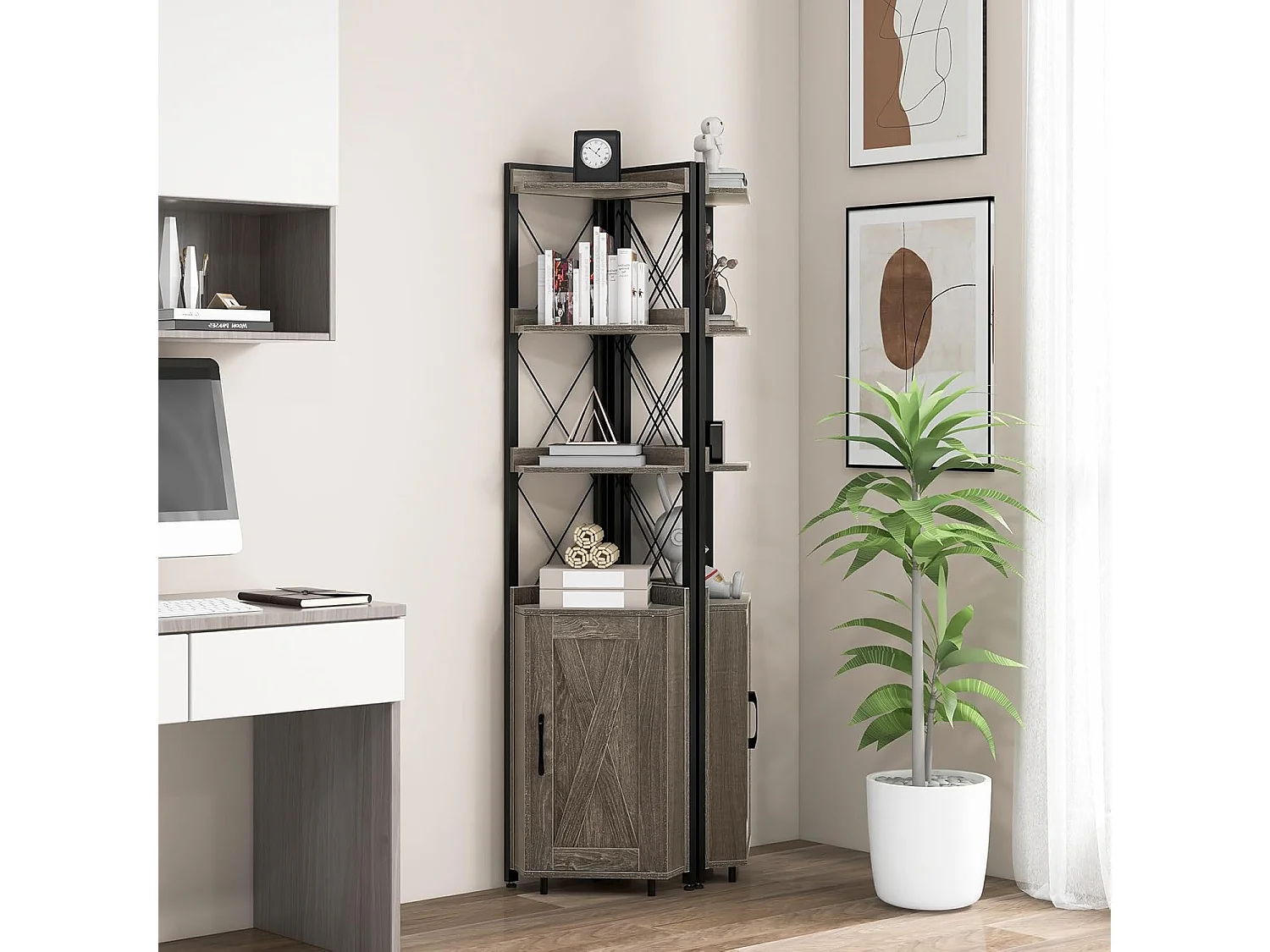 Boekenkast, 6 verdiepingen, industrieel rek, hoge kast, smal met 4 planken en verstelbare planken, keukenkast,ruimtebesparend, 48 x 32 x 180 cm (grijs)VL32325