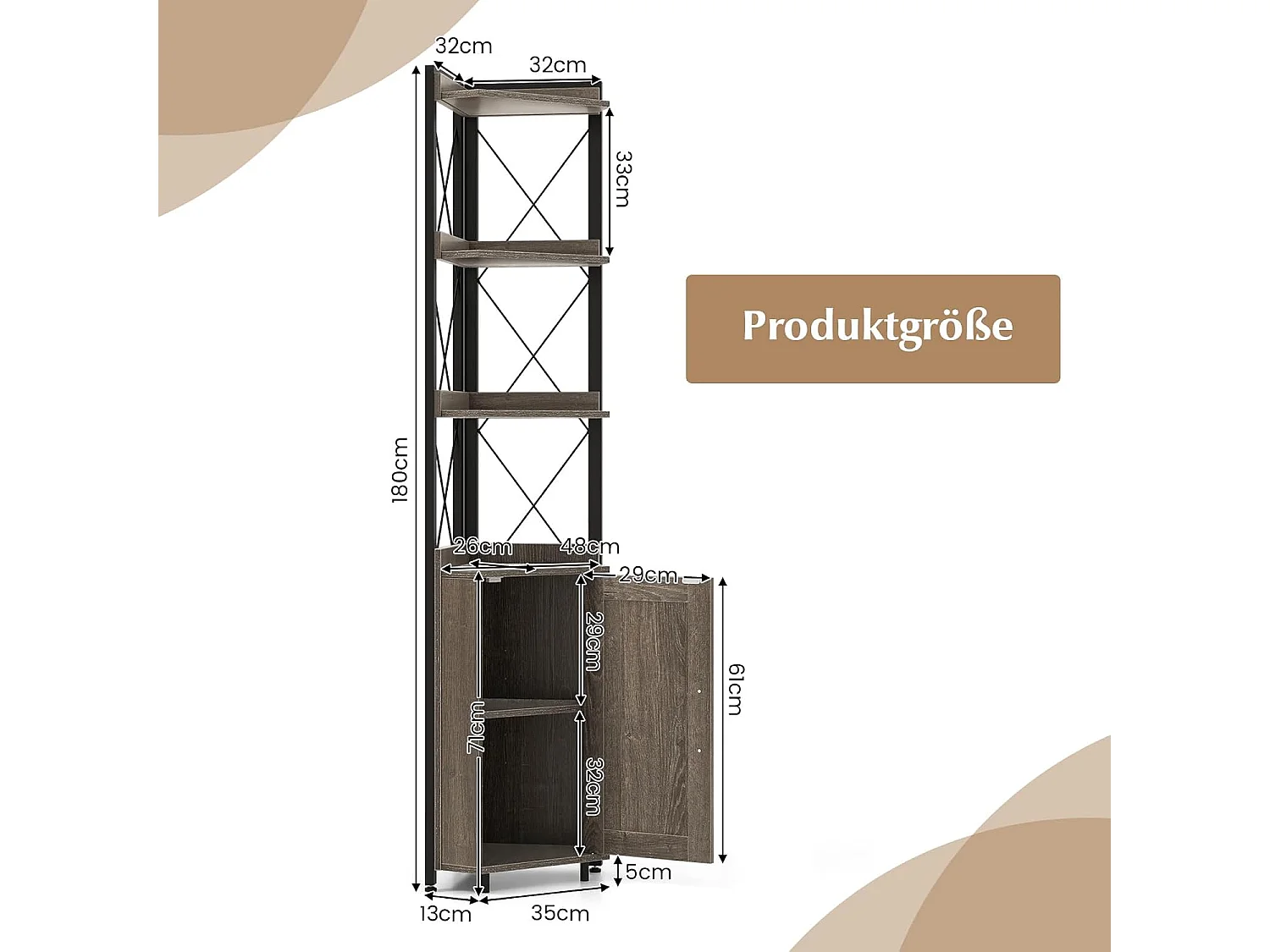 Boekenkast, 6 verdiepingen, industrieel rek, hoge kast, smal met 4 planken en verstelbare planken, keukenkast,ruimtebesparend, 48 x 32 x 180 cm (grijs)VL32325