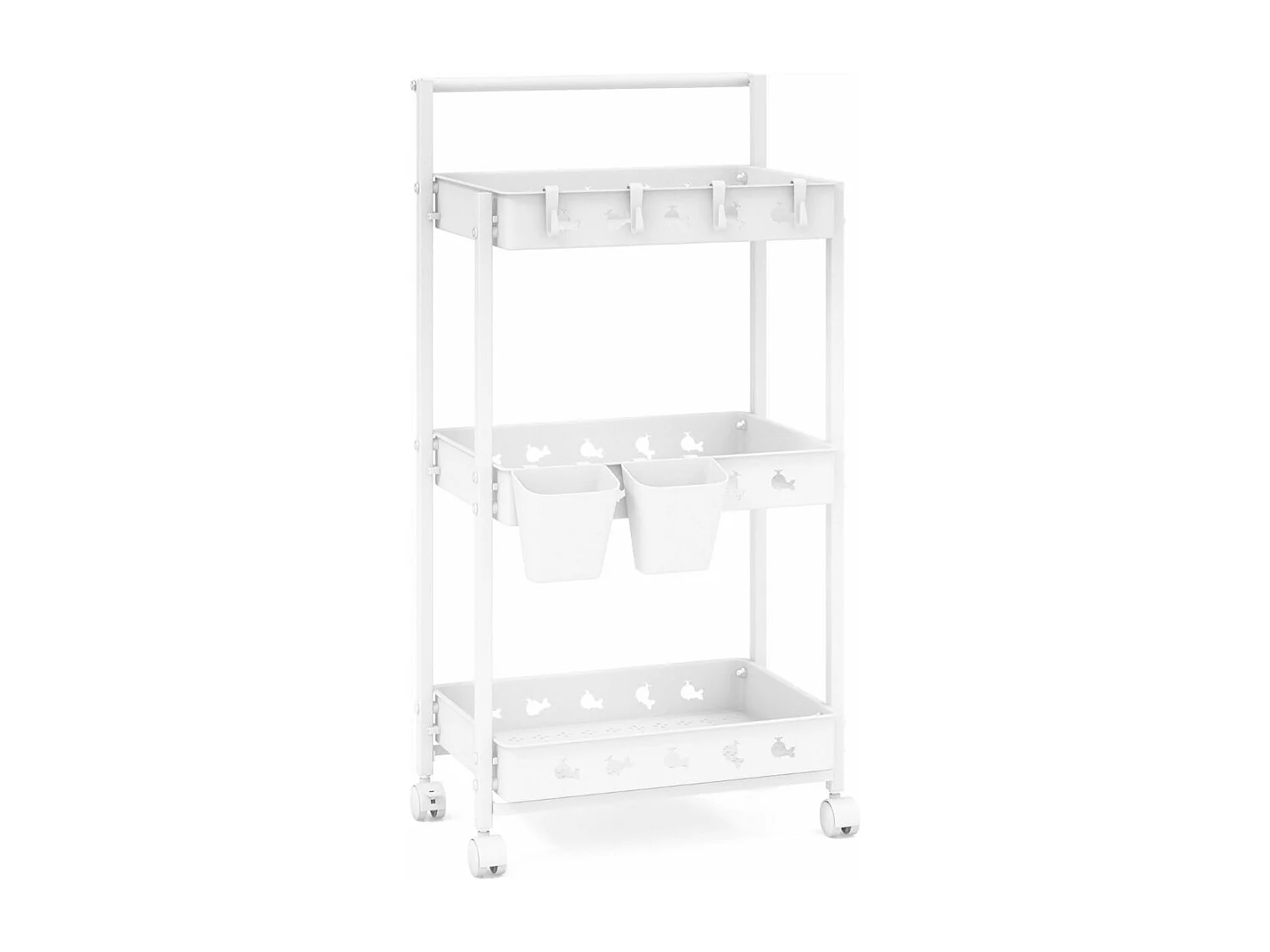 Rolwagen met 3 niveaus, serveerwagen met wielen, keukentrolley met 2 hangbekers en 4 haken en handgreep, multifunctionele wagen voor keuken,slaapkamerVL32424