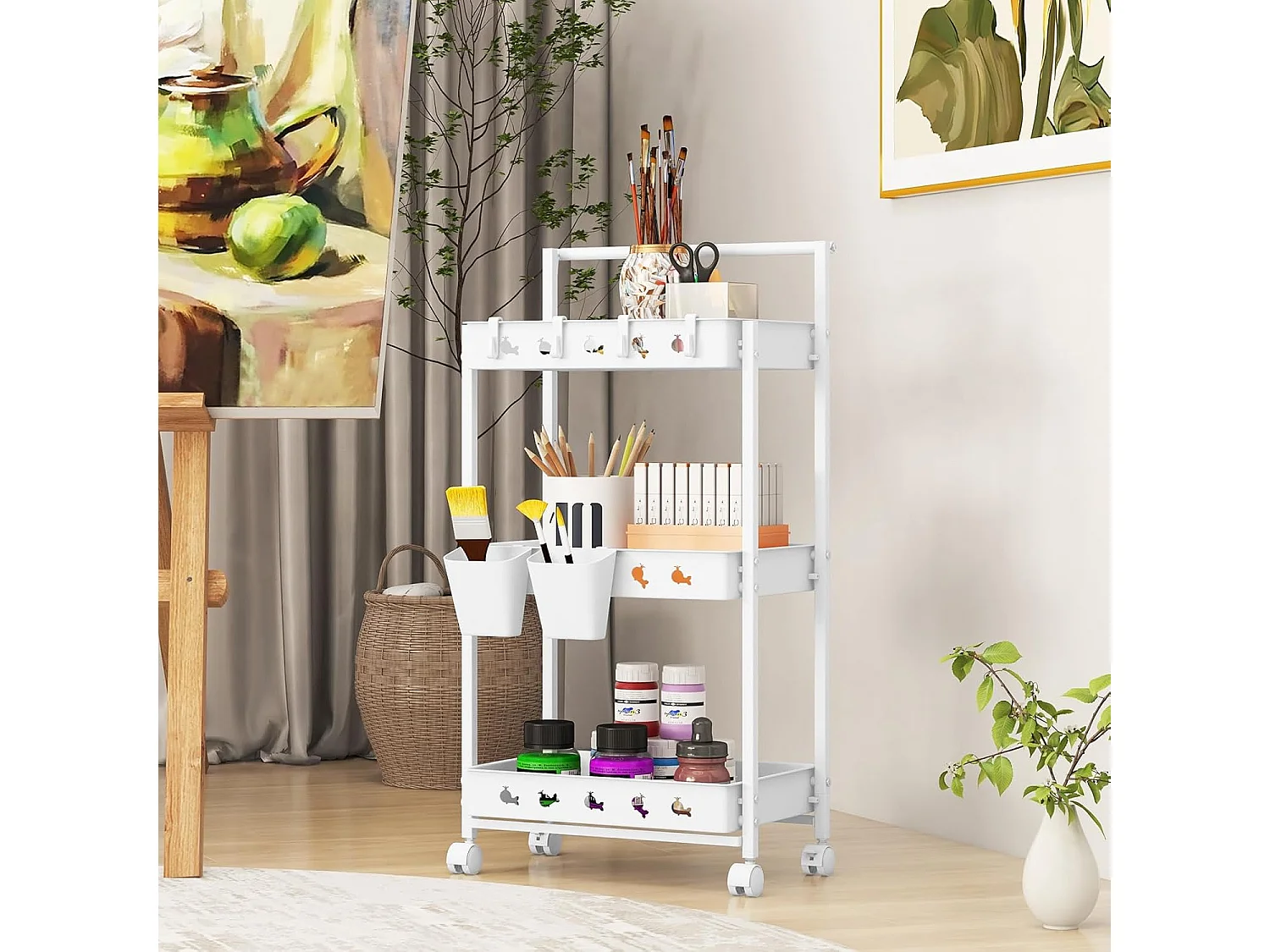 Rolwagen met 3 niveaus, serveerwagen met wielen, keukentrolley met 2 hangbekers en 4 haken en handgreep, multifunctionele wagen voor keuken,slaapkamerVL32424