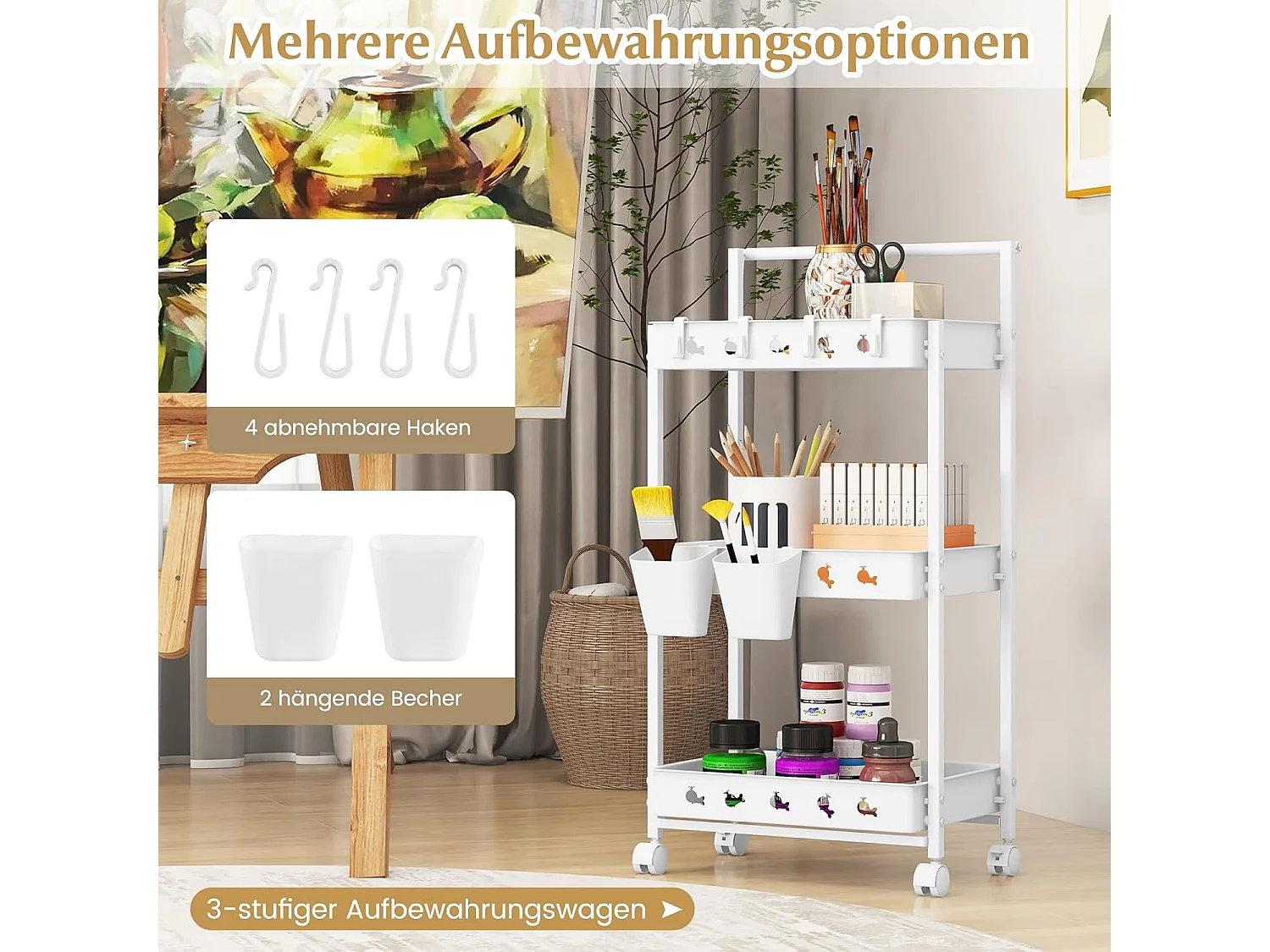 Rolwagen met 3 niveaus, serveerwagen met wielen, keukentrolley met 2 hangbekers en 4 haken en handgreep, multifunctionele wagen voor keuken,slaapkamerVL32424