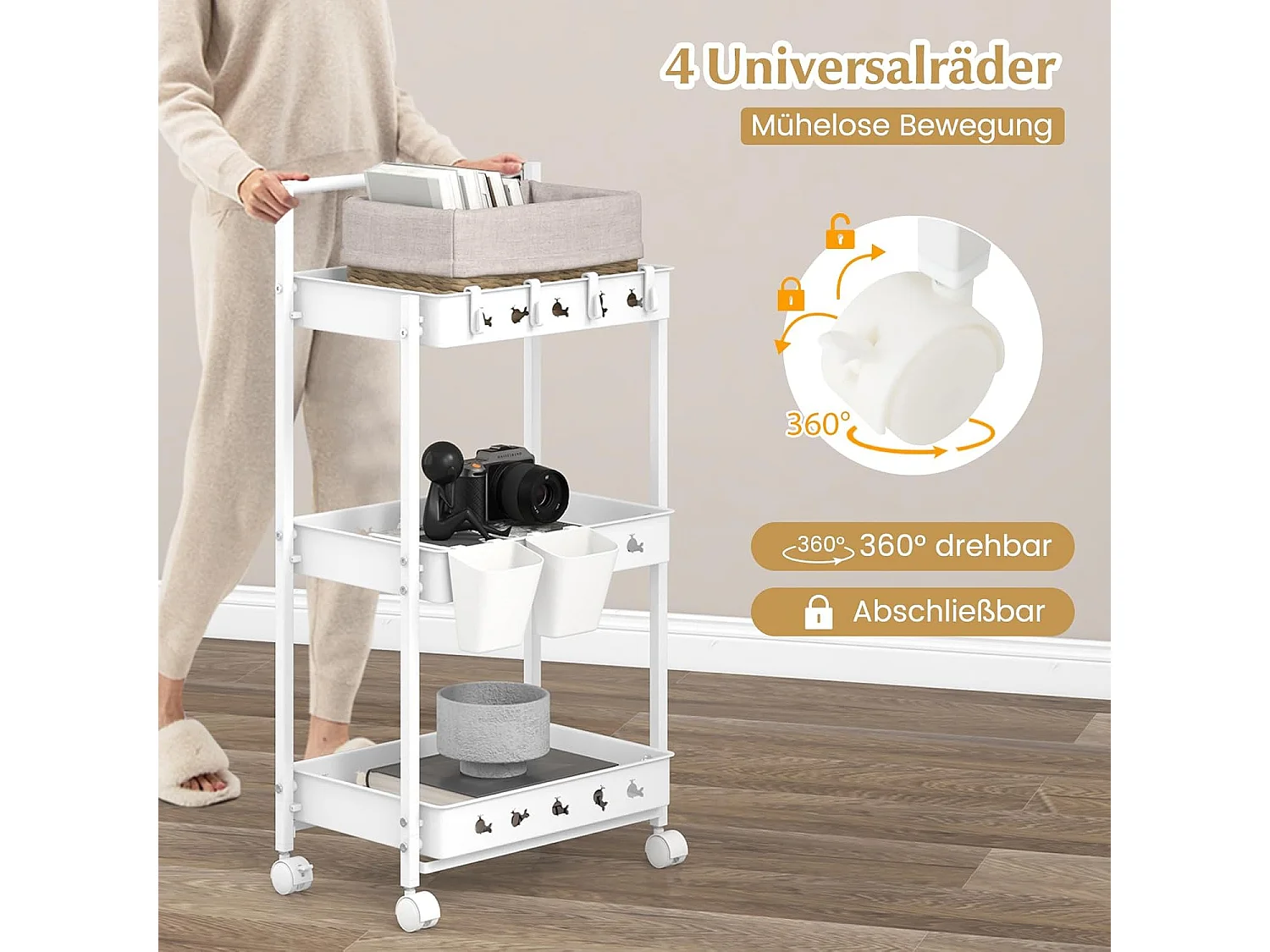 Rolwagen met 3 niveaus, serveerwagen met wielen, keukentrolley met 2 hangbekers en 4 haken en handgreep, multifunctionele wagen voor keuken,slaapkamerVL32424