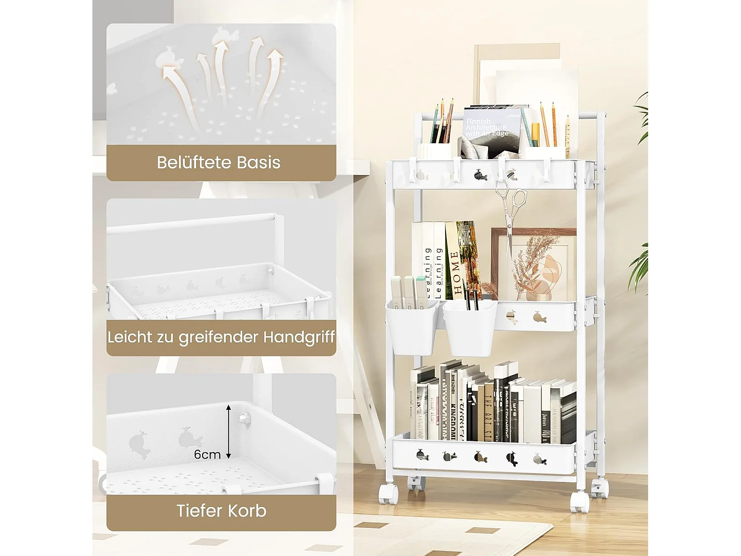 Rolwagen met 3 niveaus, serveerwagen met wielen, keukentrolley met 2 hangbekers en 4 haken en handgreep, multifunctionele wagen voor keuken,slaapkamerVL32424