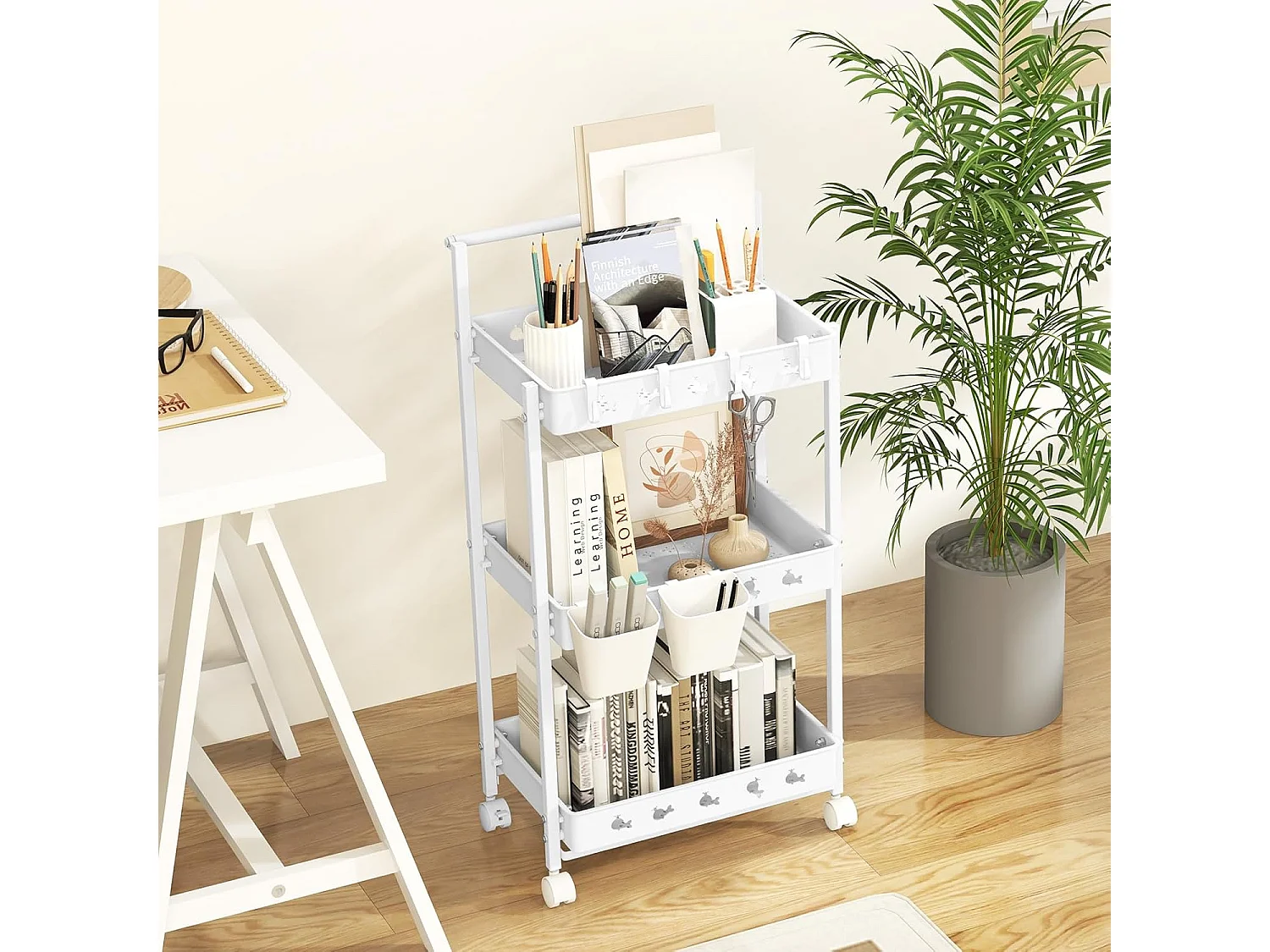 Rolwagen met 3 niveaus, serveerwagen met wielen, keukentrolley met 2 hangbekers en 4 haken en handgreep, multifunctionele wagen voor keuken,slaapkamerVL32424