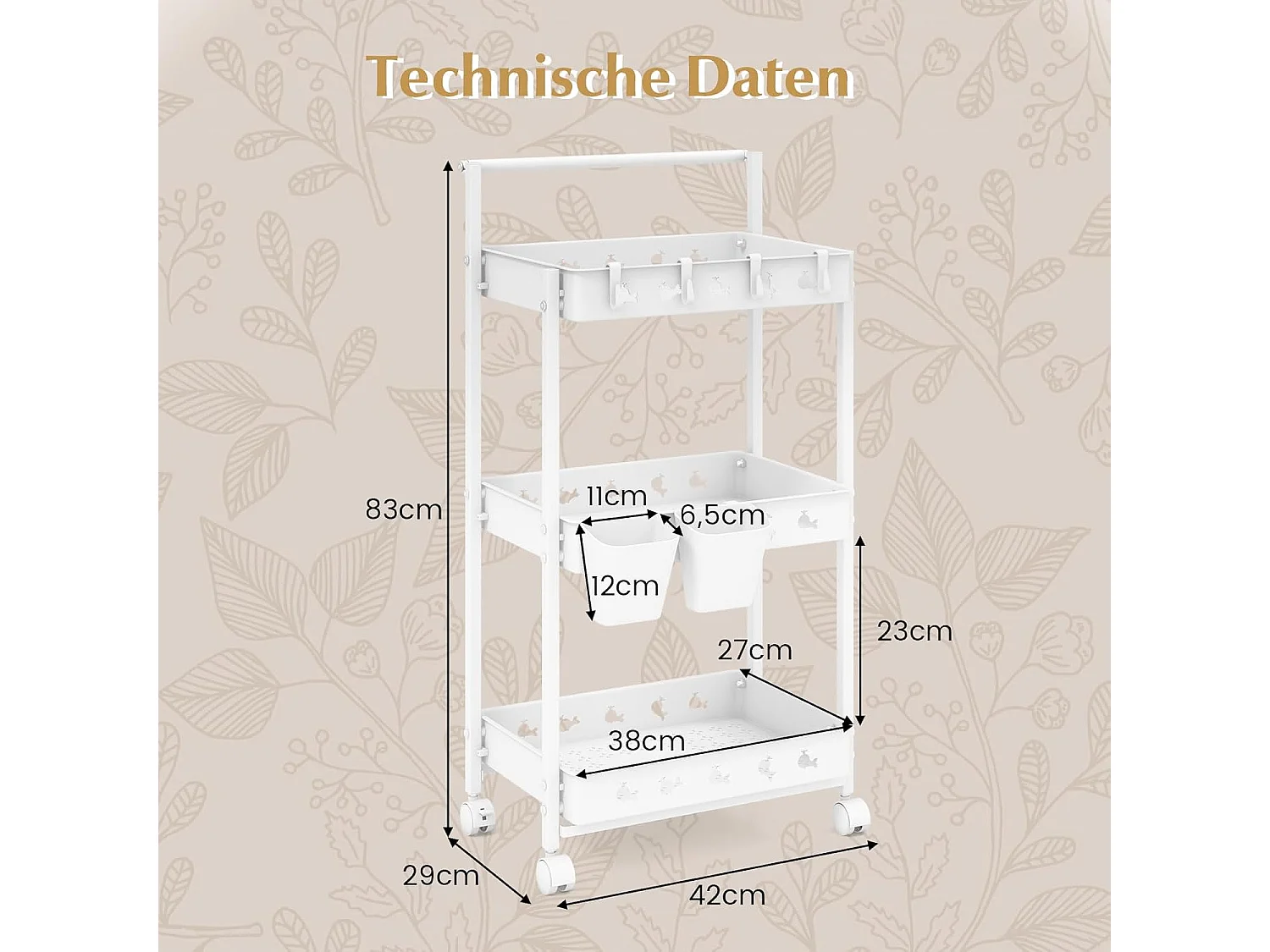 Rolwagen met 3 niveaus, serveerwagen met wielen, keukentrolley met 2 hangbekers en 4 haken en handgreep, multifunctionele wagen voor keuken,slaapkamerVL32424