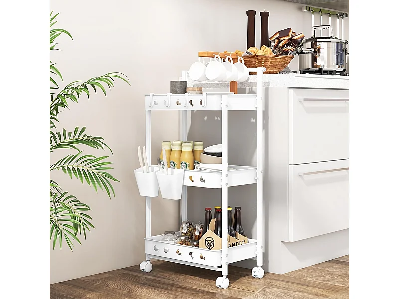 Rolwagen met 3 niveaus, serveerwagen met wielen, keukentrolley met 2 hangbekers en 4 haken en handgreep, multifunctionele wagen voor keuken,slaapkamerVL32424