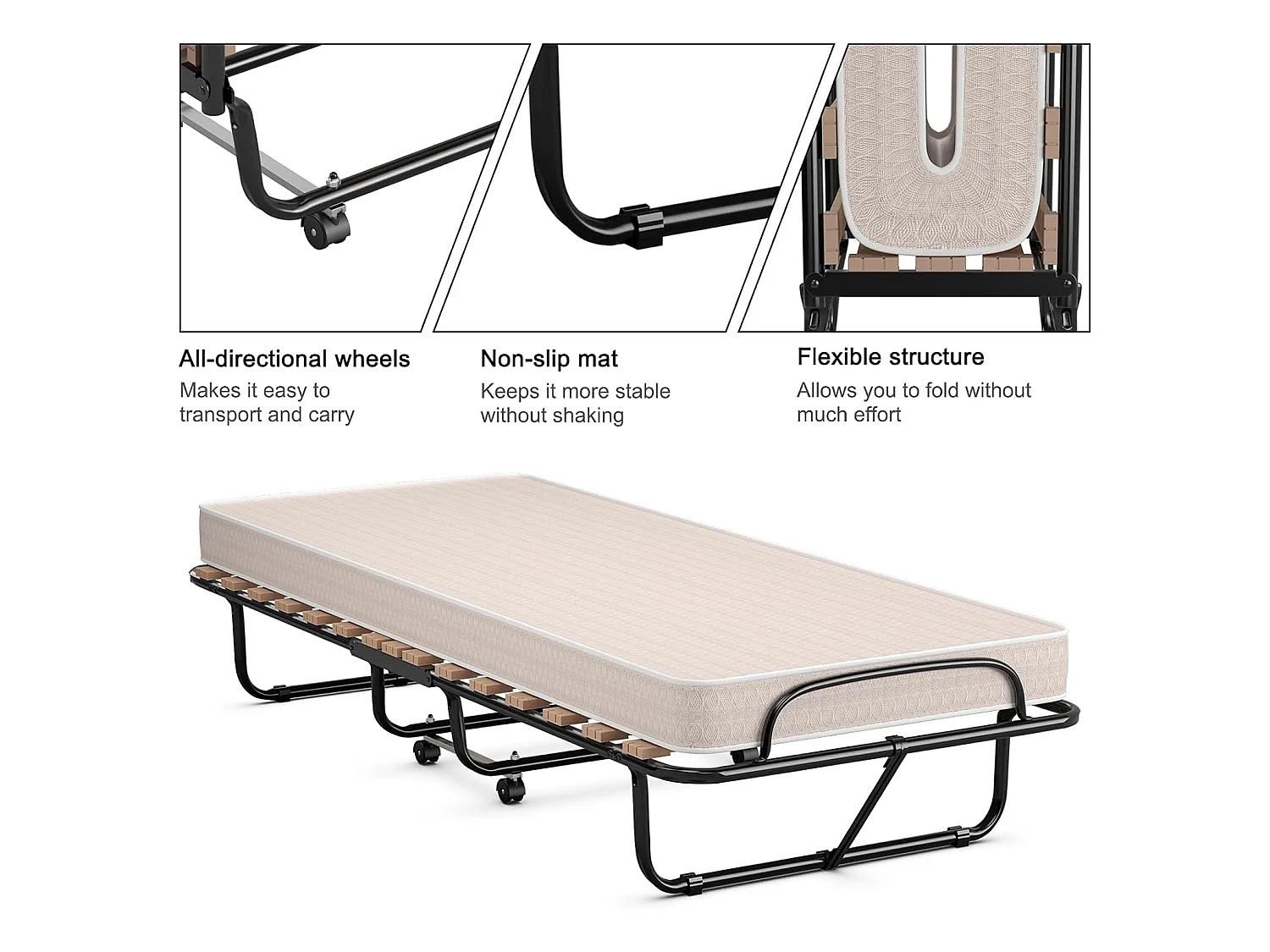 Opvouwbaar Bed, Opklapbaar Extra Gastenbed Met 10 cm Traagschuim Matras,Draagbaar Eenpersoons Slaapbed voor Camping,Gemakkelijk Op te bergen