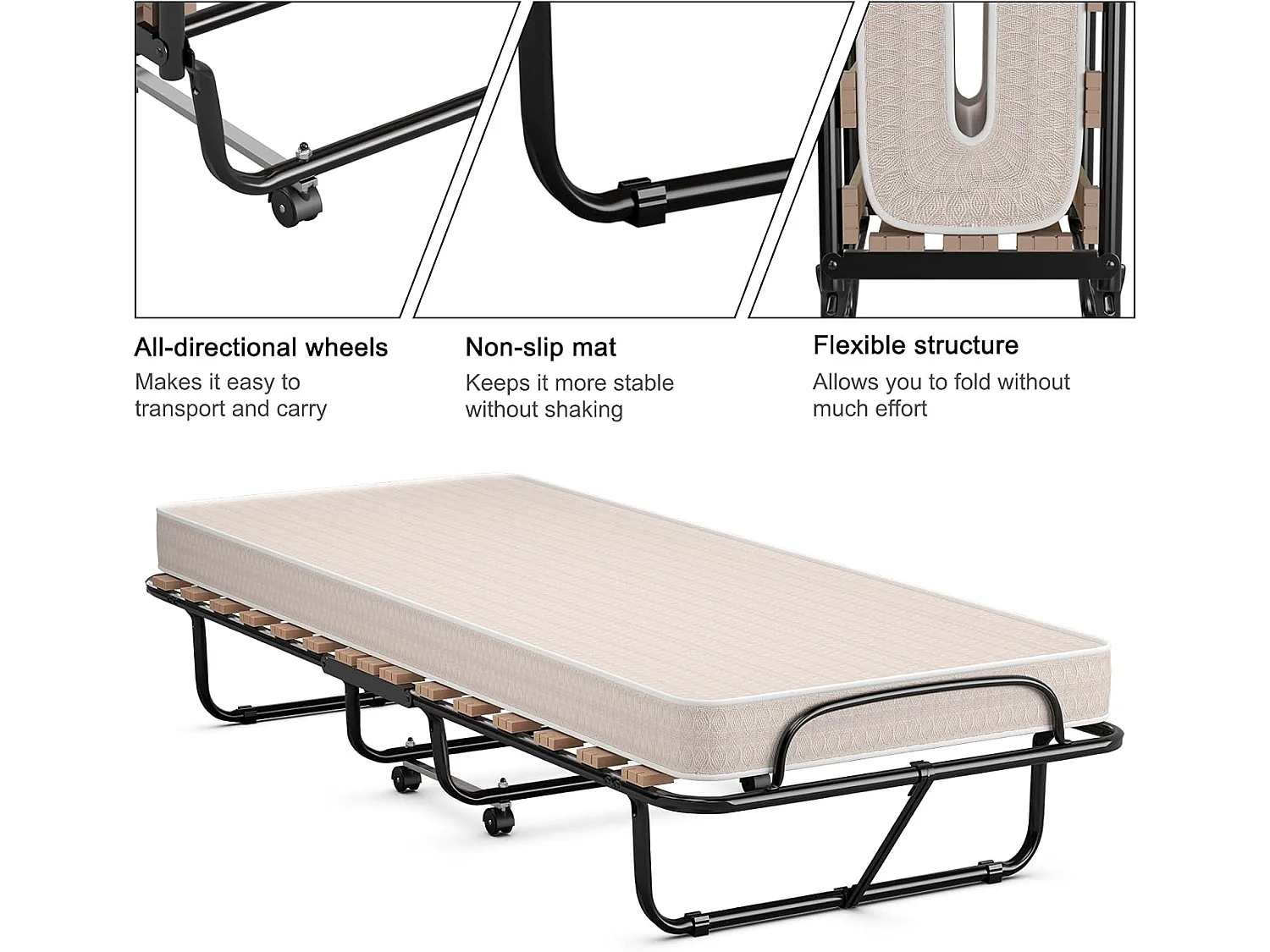 Opvouwbaar Bed, Opklapbaar Extra Gastenbed Met 10 cm Traagschuim Matras,Draagbaar Eenpersoons Slaapbed voor Camping,Gemakkelijk Op te bergen