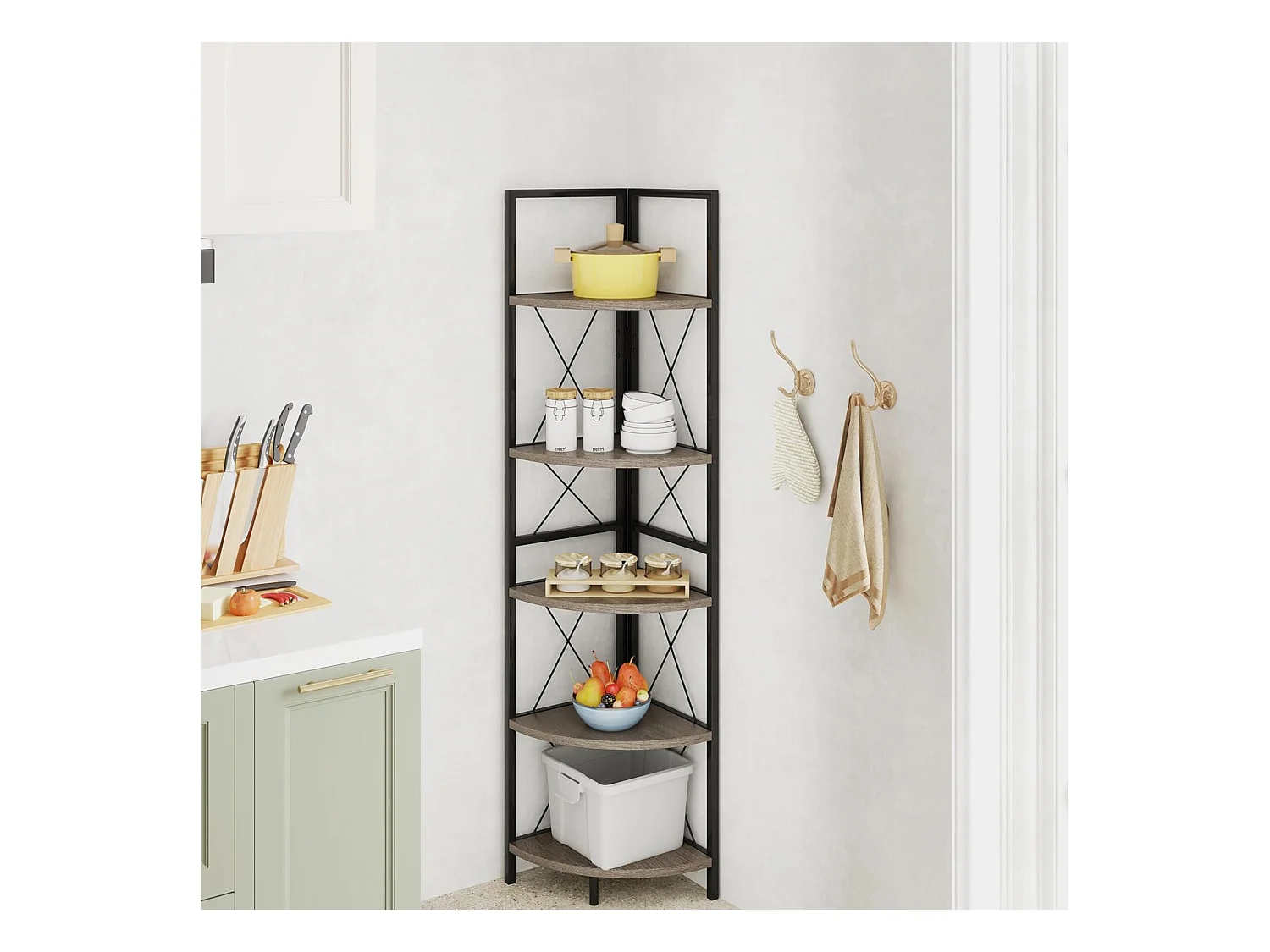 Hoekplank met 5 niveaus, 160 cm hoog, boekenkast, hout, staand rek met metalen frame, opbergplank, voor woonkamer, badkamer, keuken en hal (eikengrijs)VH34223