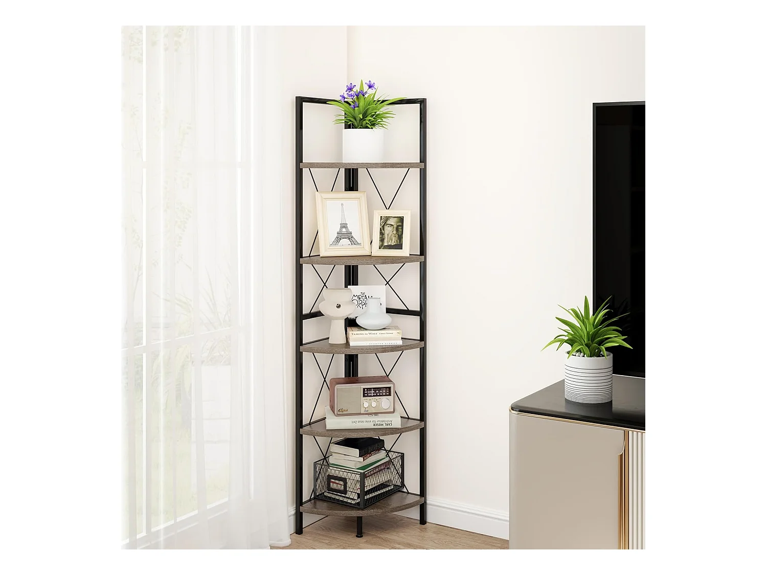 Hoekplank met 5 niveaus, 160 cm hoog, boekenkast, hout, staand rek met metalen frame, opbergplank, voor woonkamer, badkamer, keuken en hal (eikengrijs)VH34223