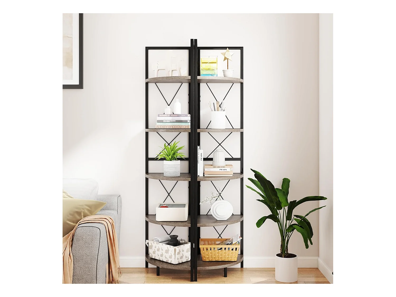 Hoekplank met 5 niveaus, 160 cm hoog, boekenkast, hout, staand rek met metalen frame, opbergplank, voor woonkamer, badkamer, keuken en hal (eikengrijs)VH34223