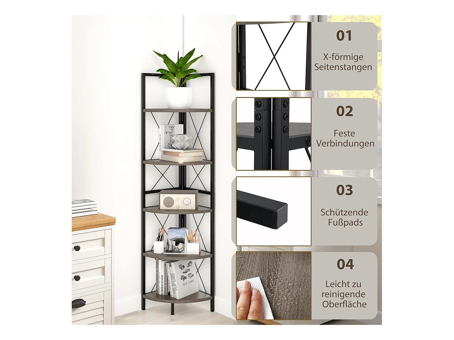 Hoekplank met 5 niveaus, 160 cm hoog, boekenkast, hout, staand rek met metalen frame, opbergplank, voor woonkamer, badkamer, keuken en hal (eikengrijs)VH34223