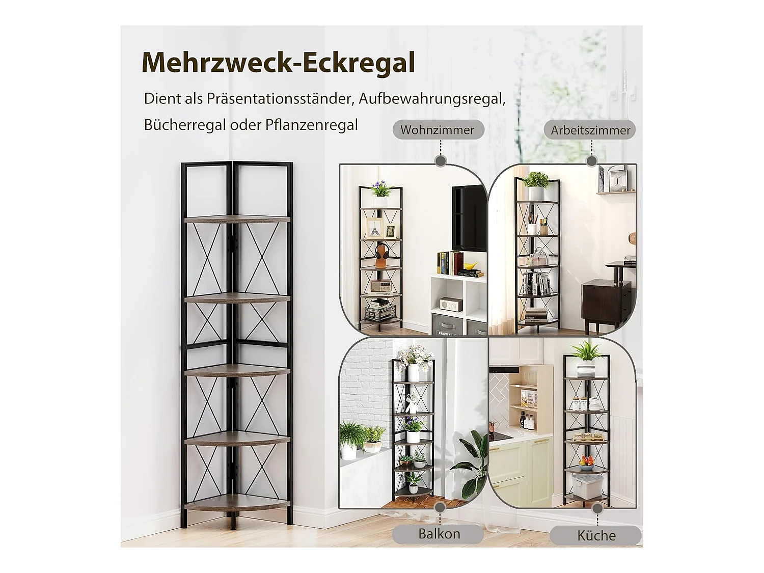 Hoekplank met 5 niveaus, 160 cm hoog, boekenkast, hout, staand rek met metalen frame, opbergplank, voor woonkamer, badkamer, keuken en hal (eikengrijs)VH34223