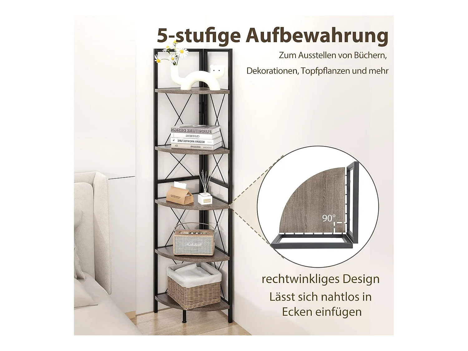 Hoekplank met 5 niveaus, 160 cm hoog, boekenkast, hout, staand rek met metalen frame, opbergplank, voor woonkamer, badkamer, keuken en hal (eikengrijs)VH34223