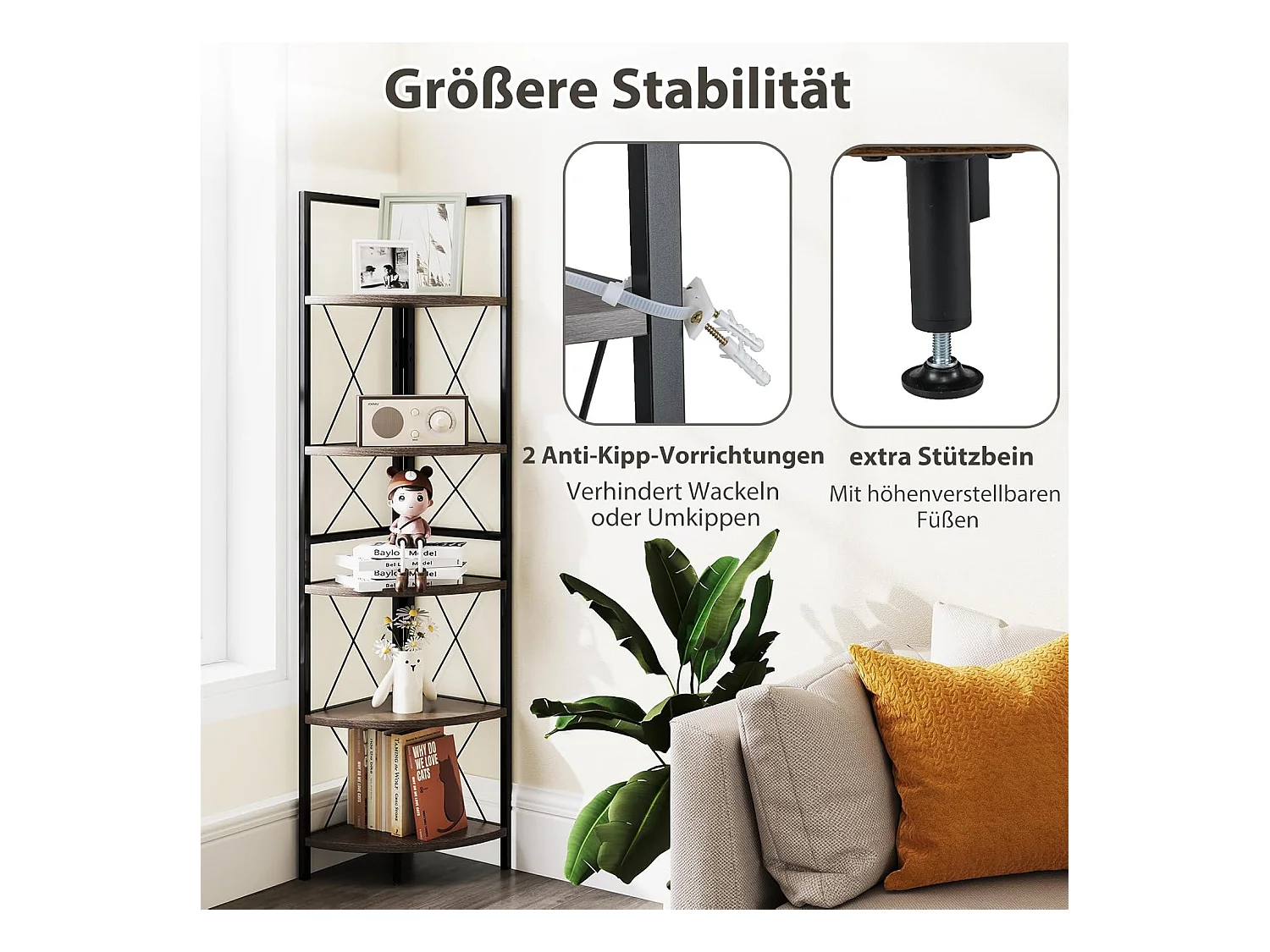 Hoekplank met 5 niveaus, 160 cm hoog, boekenkast, hout, staand rek met metalen frame, opbergplank, voor woonkamer, badkamer, keuken en hal (eikengrijs)VH34223