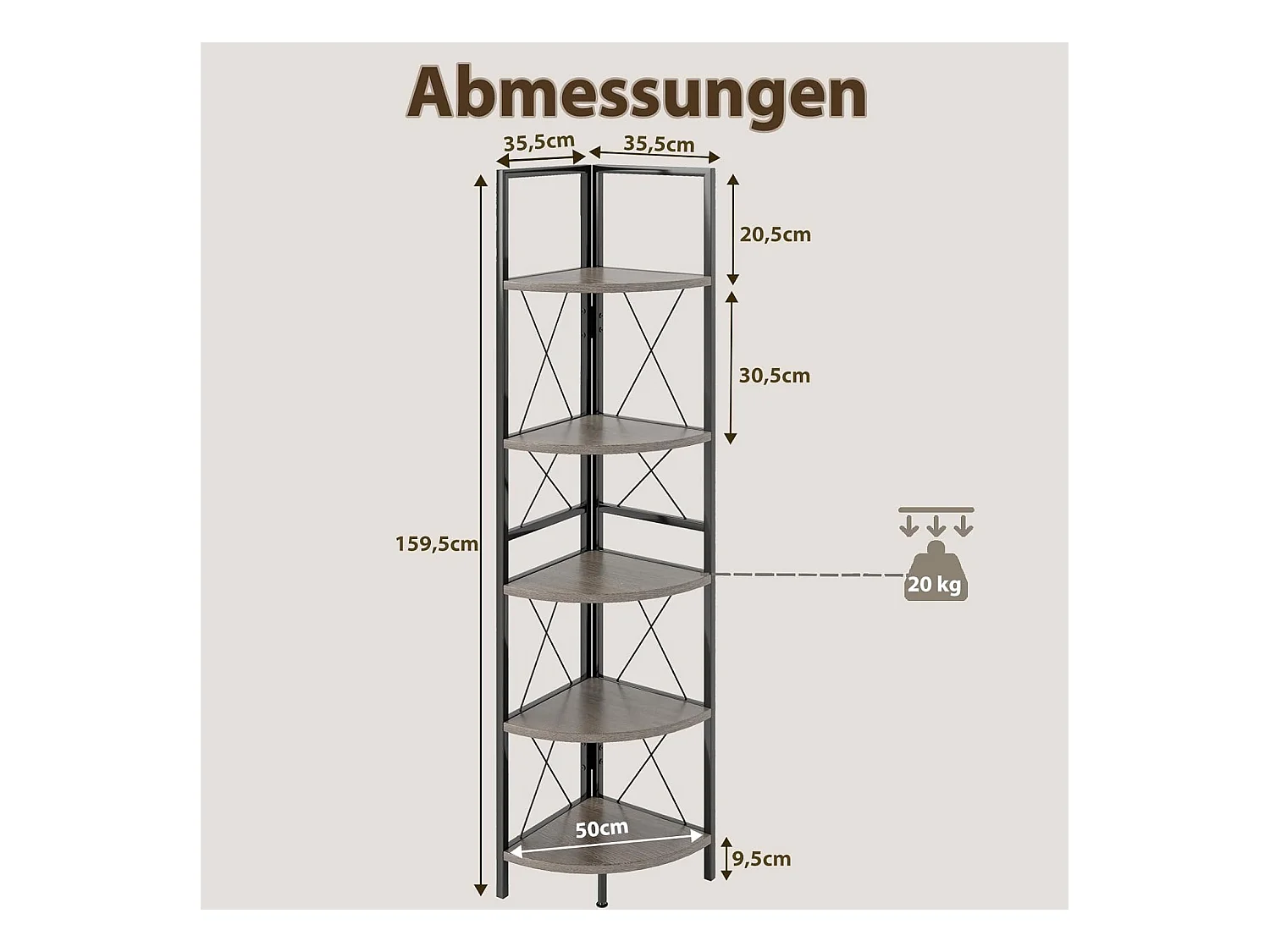 Hoekplank met 5 niveaus, 160 cm hoog, boekenkast, hout, staand rek met metalen frame, opbergplank, voor woonkamer, badkamer, keuken en hal (eikengrijs)VH34223