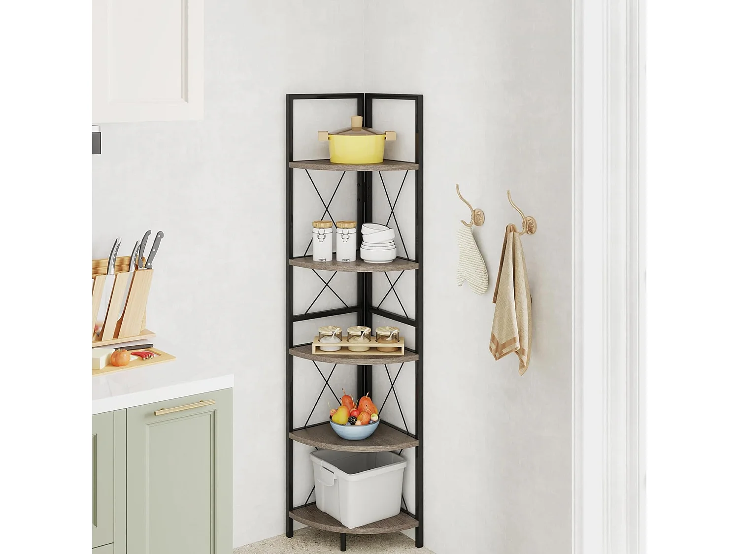 Hoekplank met 5 niveaus, 160 cm hoog, boekenkast, hout, staand rek met metalen frame, opbergplank, voor woonkamer, badkamer, keuken en hal (eikengrijs)VH34223