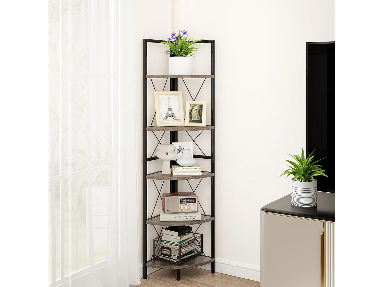 Hoekplank met 5 niveaus, 160 cm hoog, boekenkast, hout, staand rek met metalen frame, opbergplank, voor woonkamer, badkamer, keuken en hal (eikengrijs)VH34223