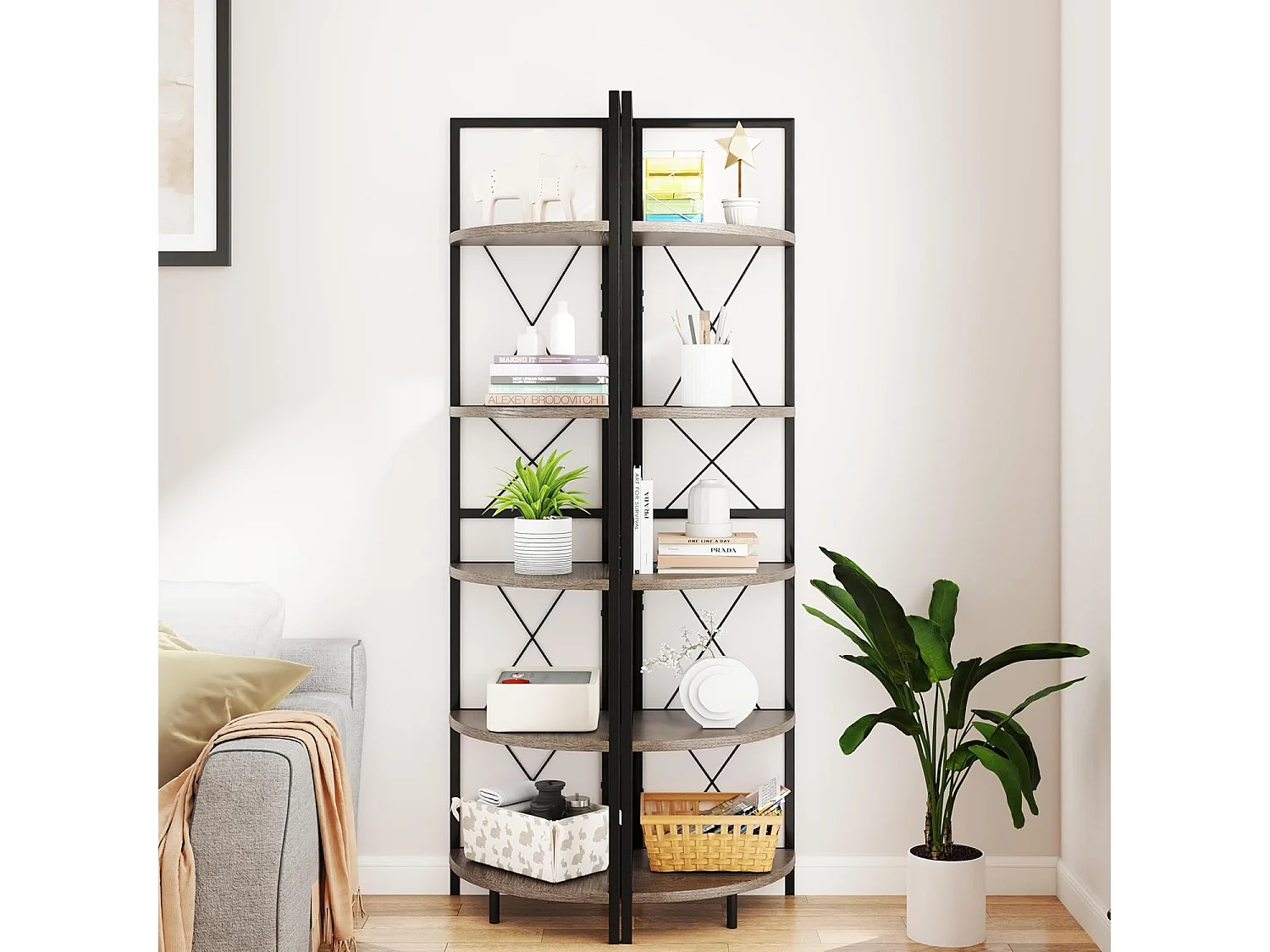 Hoekplank met 5 niveaus, 160 cm hoog, boekenkast, hout, staand rek met metalen frame, opbergplank, voor woonkamer, badkamer, keuken en hal (eikengrijs)VH34223