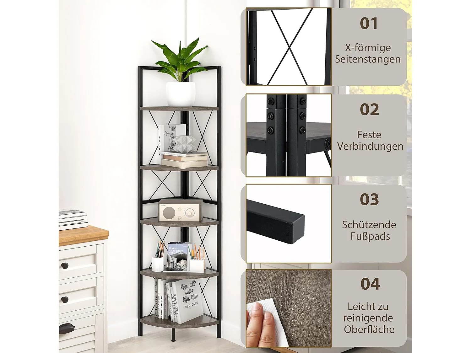 Hoekplank met 5 niveaus, 160 cm hoog, boekenkast, hout, staand rek met metalen frame, opbergplank, voor woonkamer, badkamer, keuken en hal (eikengrijs)VH34223