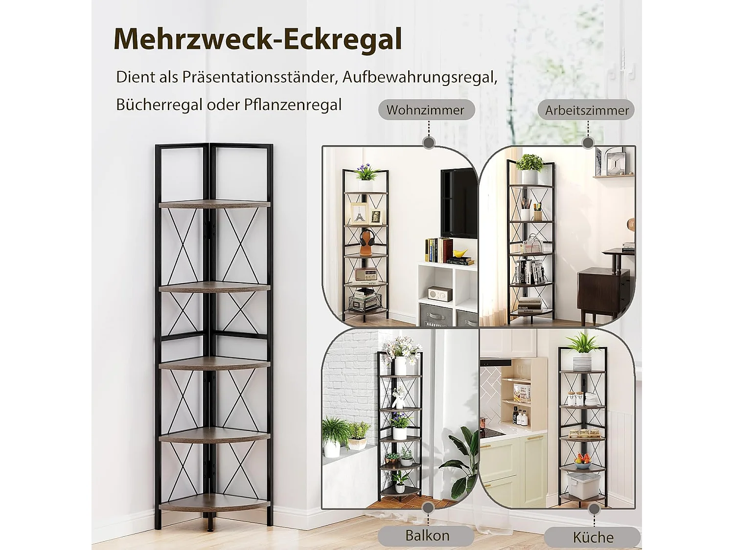 Hoekplank met 5 niveaus, 160 cm hoog, boekenkast, hout, staand rek met metalen frame, opbergplank, voor woonkamer, badkamer, keuken en hal (eikengrijs)VH34223